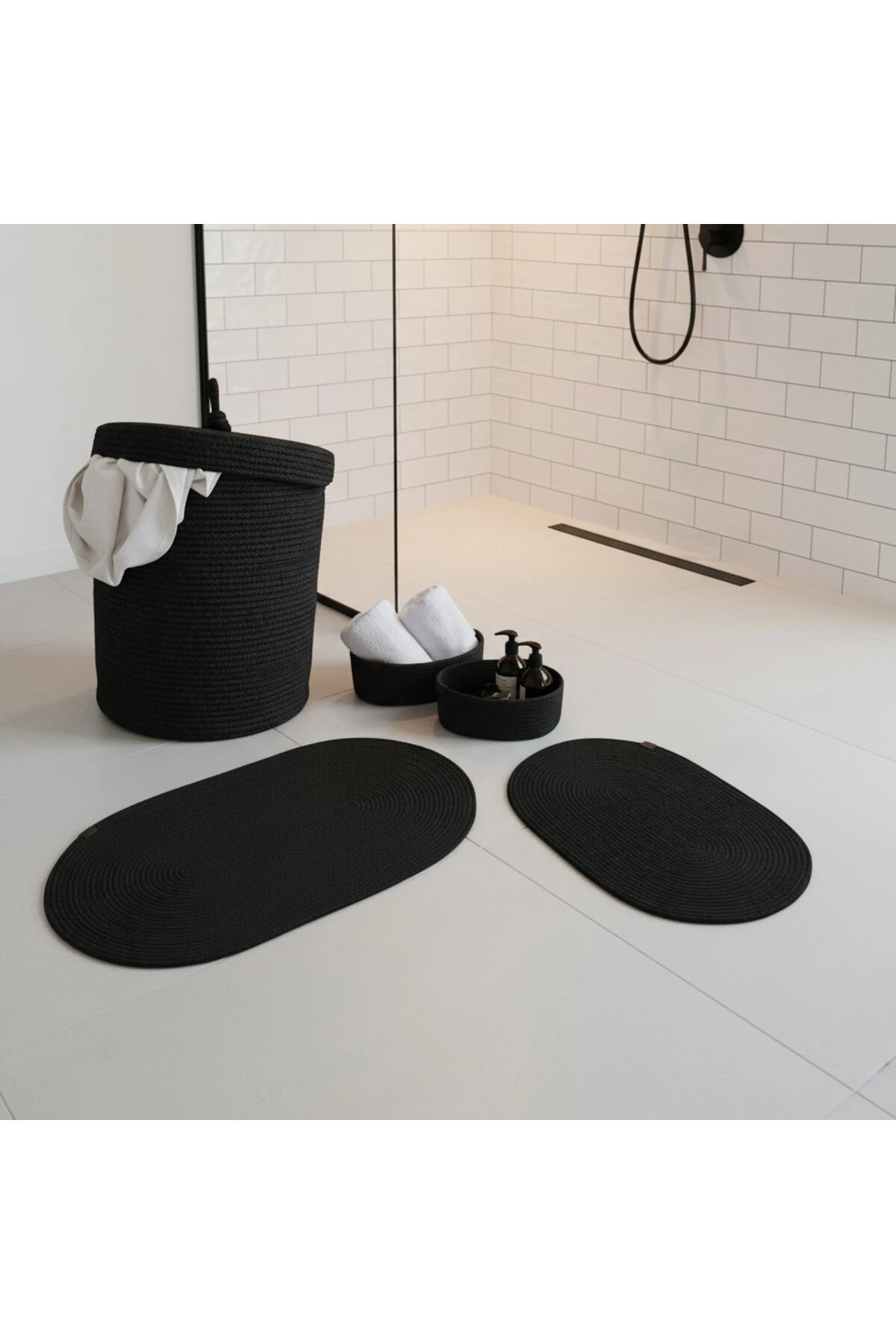 Hasır / Jüt 5 Parça Siyah Banyo Paspas Takımı | Kirli Sepeti | Oval Sepetler