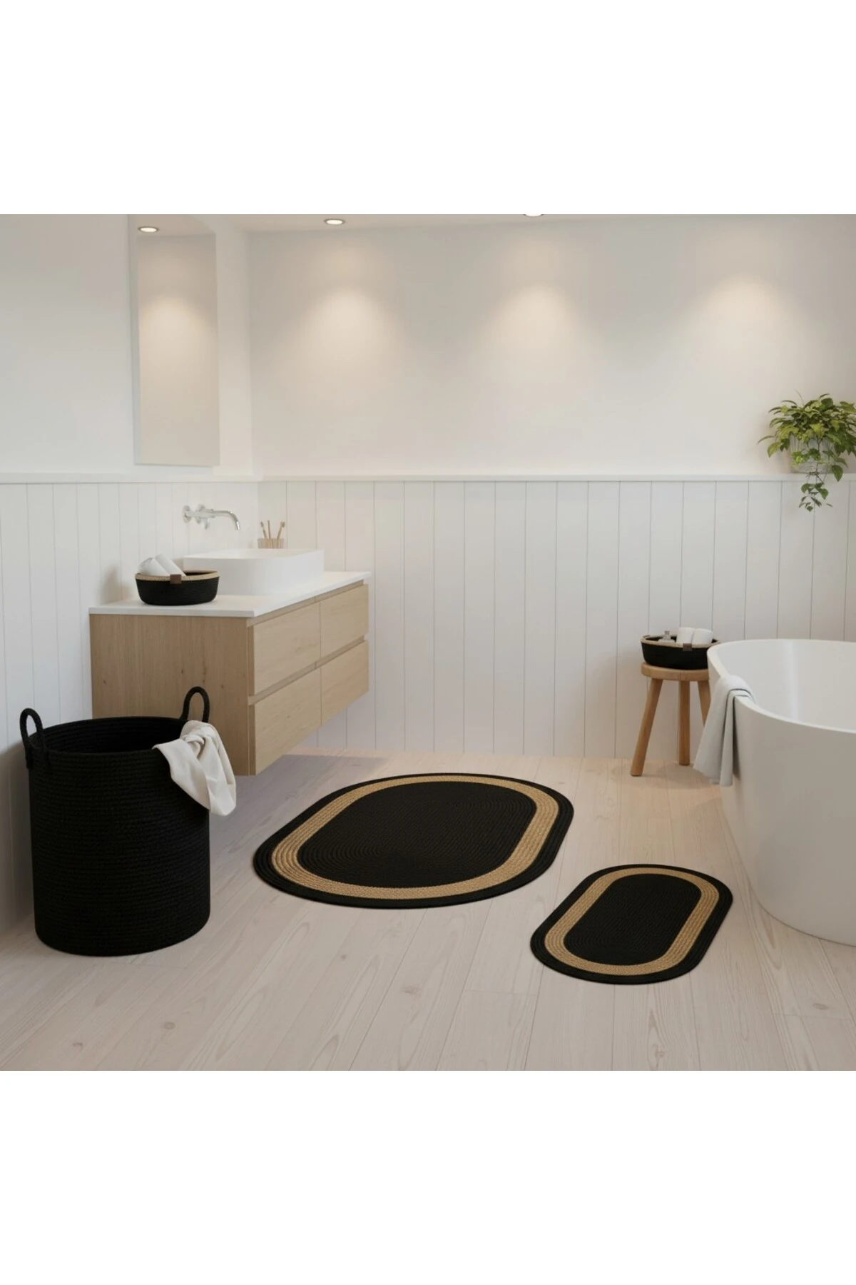 Hasır / Jüt 5 Parça Hasır Şeritli Banyo Paspas Takımı | Kirli Sepeti | Oval Sepetler
