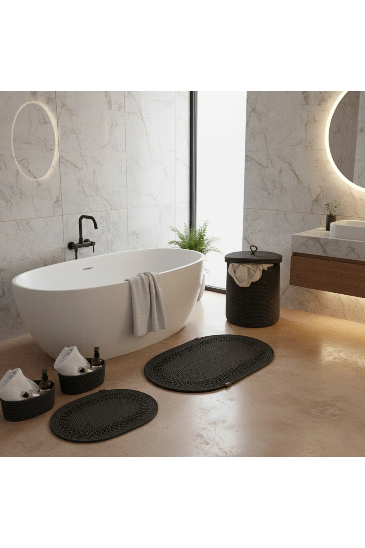 Hasır / Jüt 5 Parça Antrasit Trikotlu Banyo Paspas Takımı | Kirli Sepeti | Oval Sepetler