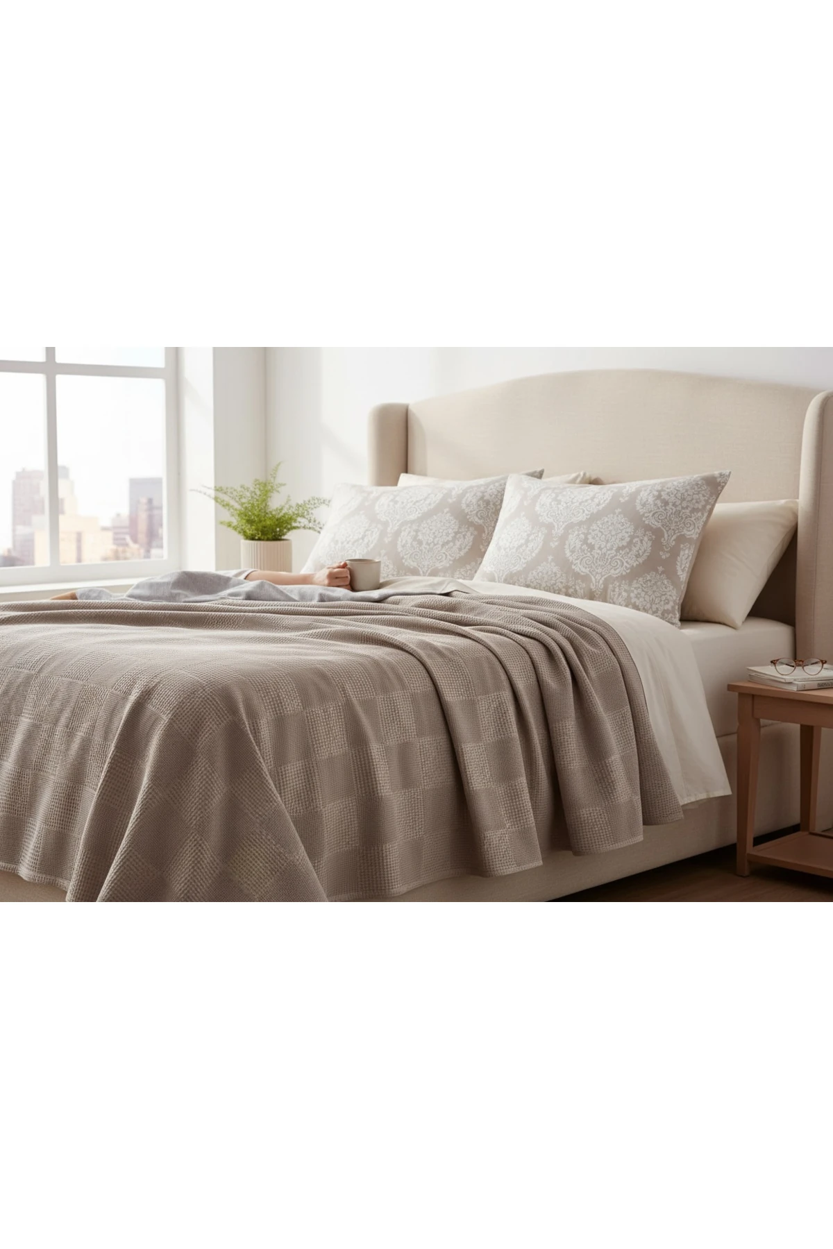 %100 Pamuk Weave Serisi Lastikli Çarşaflı Pike Takımı Çift Kişilik 4 Parça Post Desenli Camel