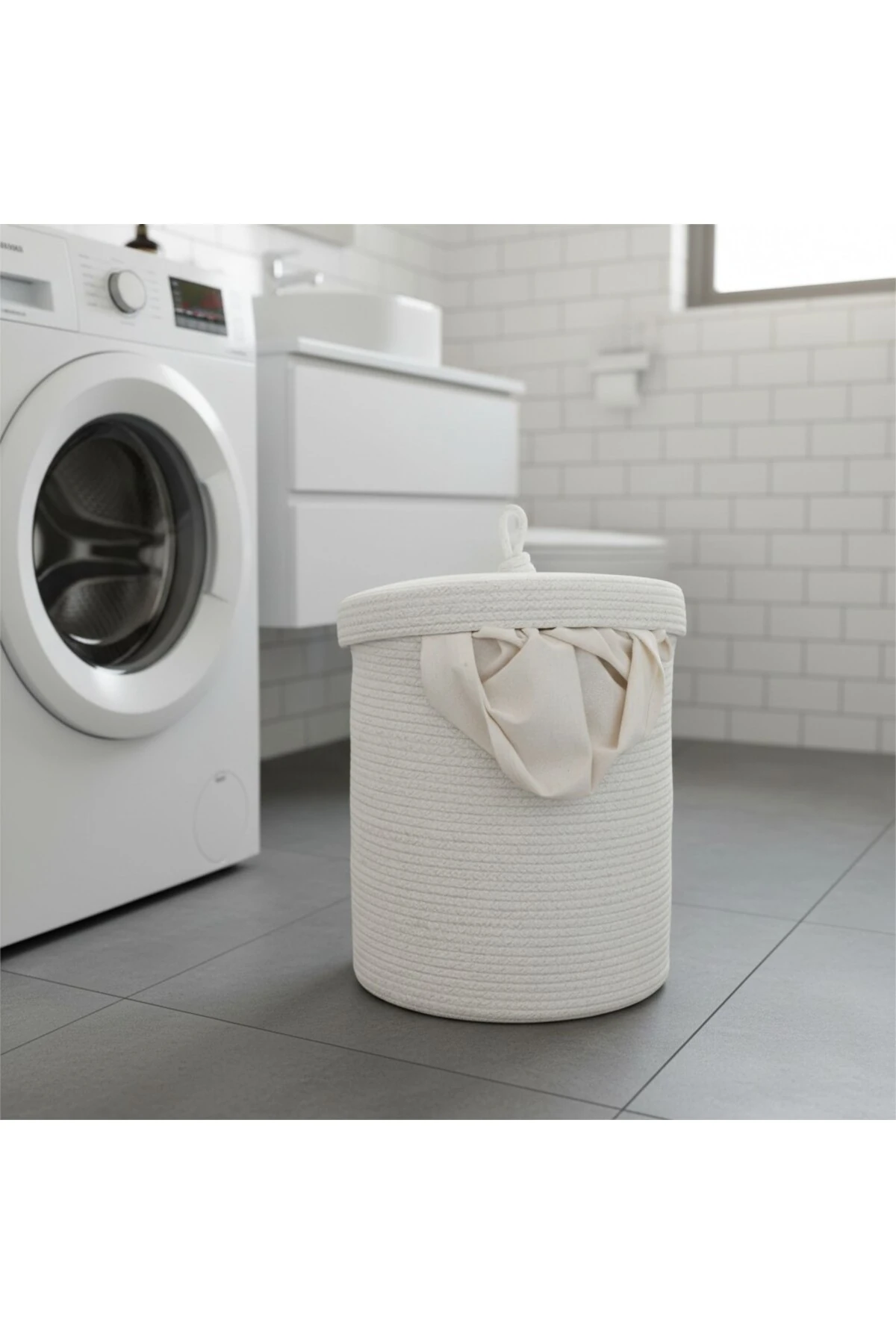 Jüt Kapaklı Hasır Kirli Çamaşır Sepeti Beyaz | Oyuncak, Banyo Organizeri | 35x40 Cm