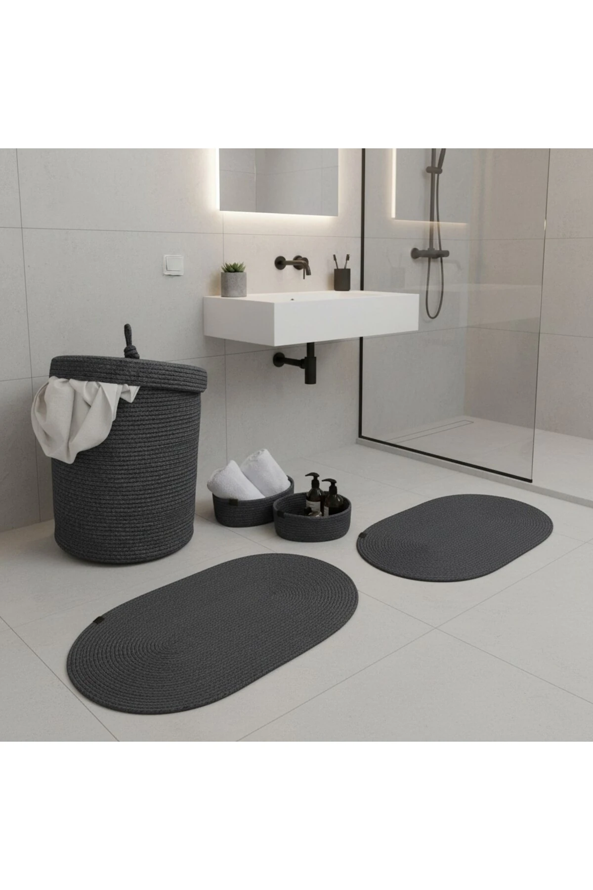 Hasır / Jüt 5 Parça Antrasit Banyo Paspas Takımı | Kirli Sepeti | Oval Sepetler
