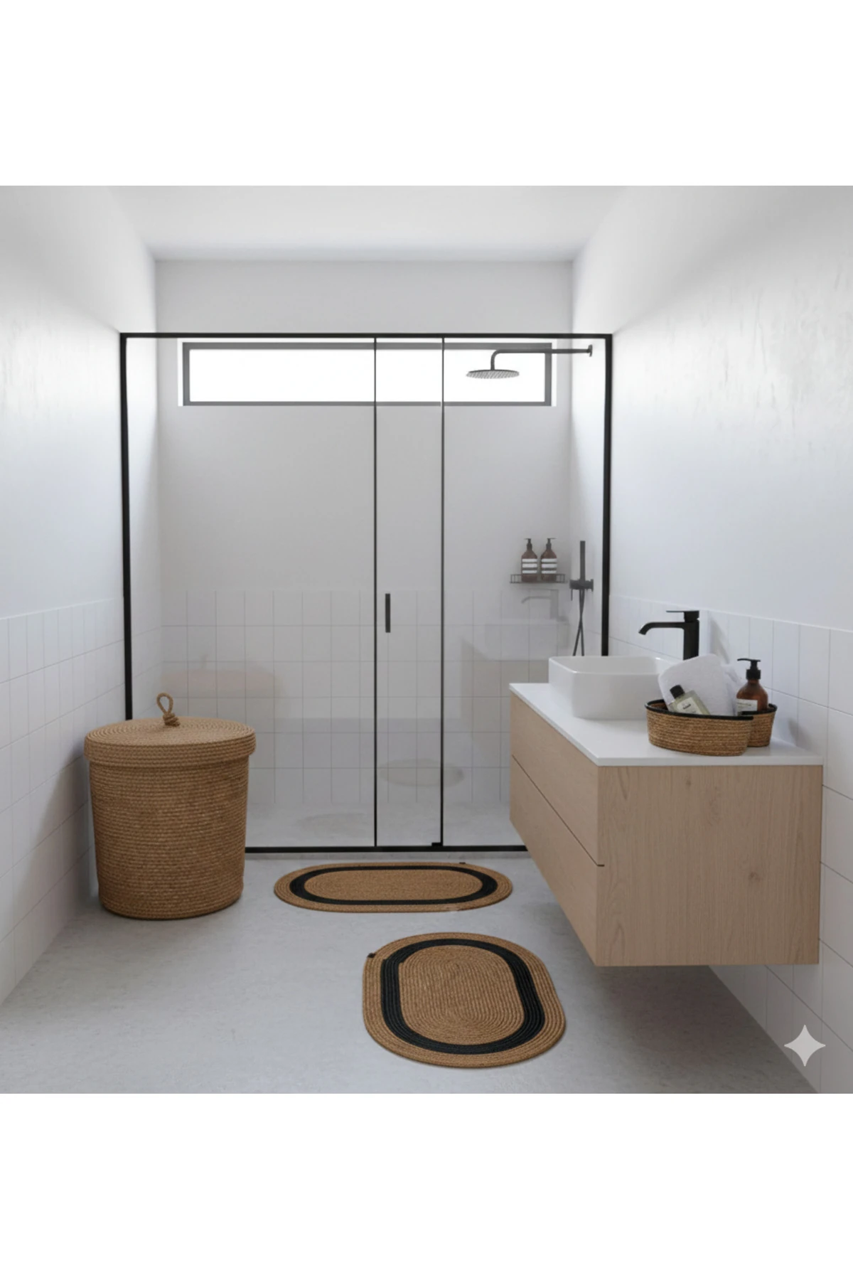 Hasır / Jüt 5 Parça Siyah Şeritli Banyo Paspas Takımı | Kirli Sepeti | Oval Sepetler