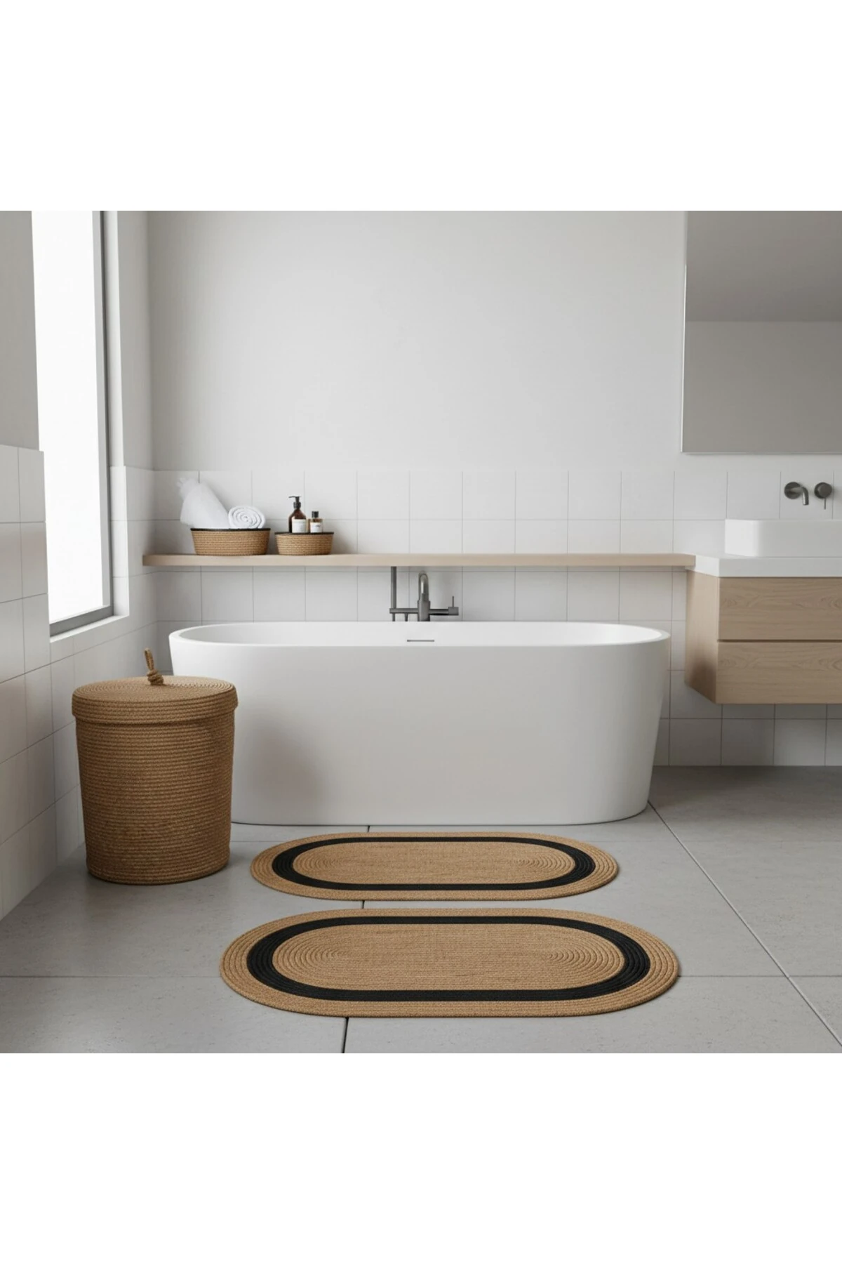 Hasır / Jüt 5 Parça Siyah Şeritli Banyo Paspas Takımı | Kirli Sepeti | Oval Sepetler