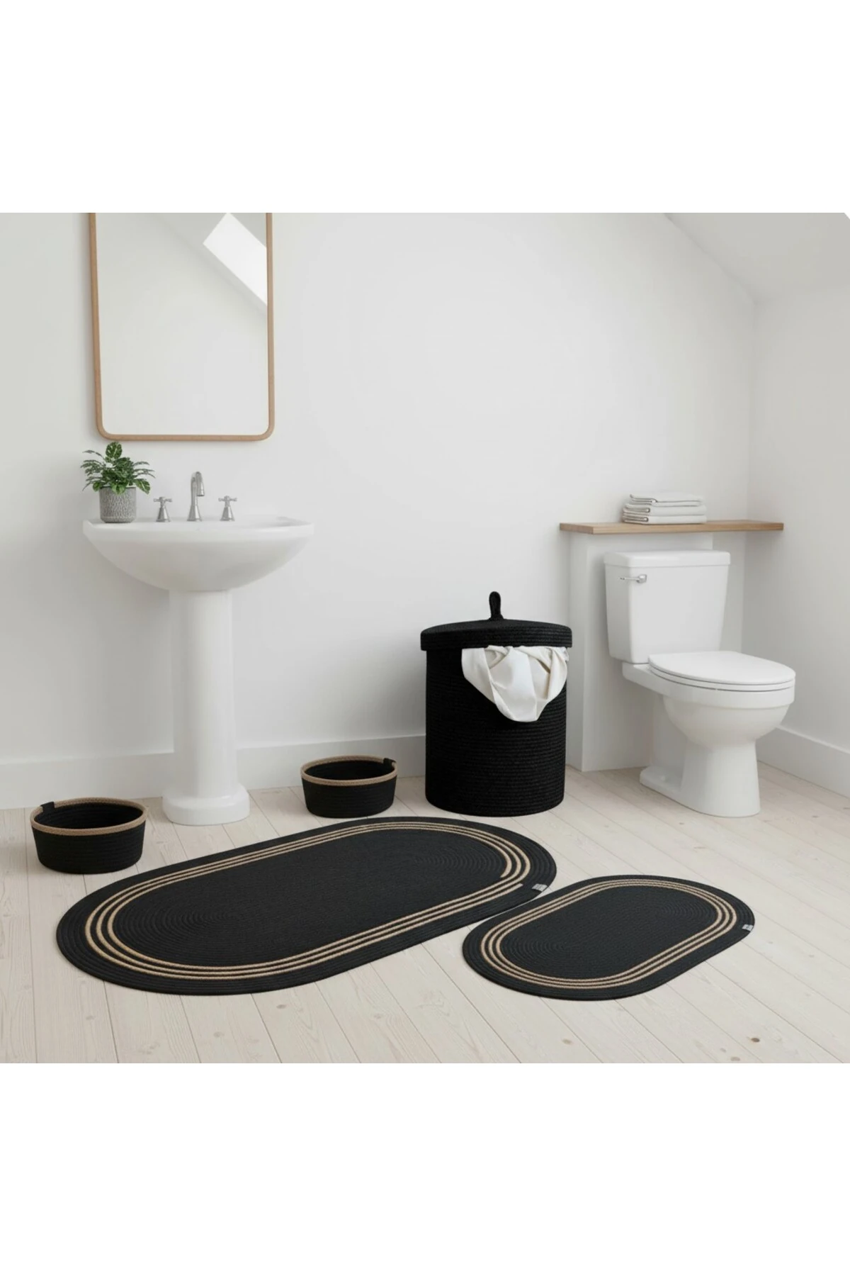 Hasır / Jüt 5 Parça Hasır Çizgili Banyo Paspas Takımı | Kirli Sepeti | Oval Sepetler