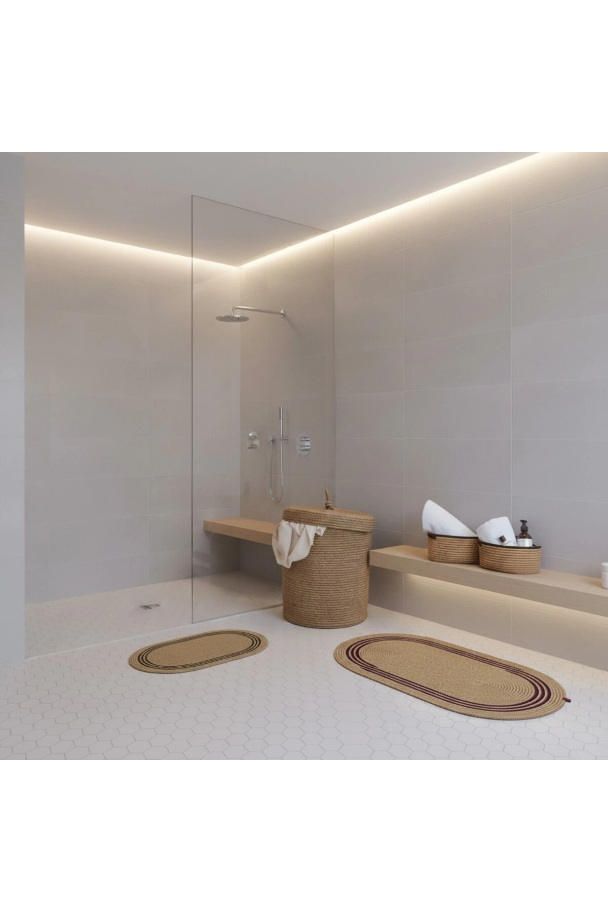 Hasır / Jüt 5 Parça Siyah Çizgili Banyo Paspas Takımı | Kirli Sepeti | Oval Sepetler