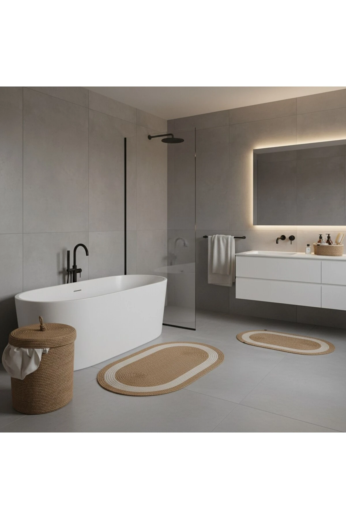 Hasır / Jüt 5 Parça Beyaz Şeritli Banyo Paspas Takımı | Kirli Sepeti | Oval Sepetler