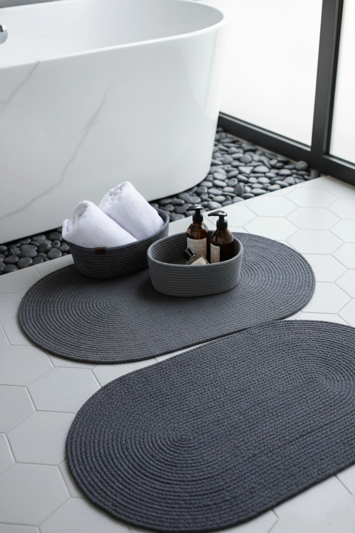 Antrasit Hasır / Jüt 4 Parça Banyo Paspas Takımı | Oval Sepet, Paspas Ve Dekor Seti
