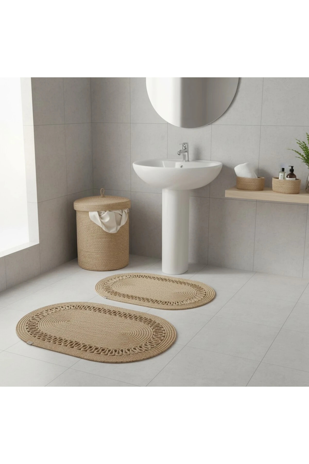 Hasır / Jüt 5 Parça Hasır Trikotlu Banyo Paspas Takımı | Kirli Sepeti | Oval Sepetler
