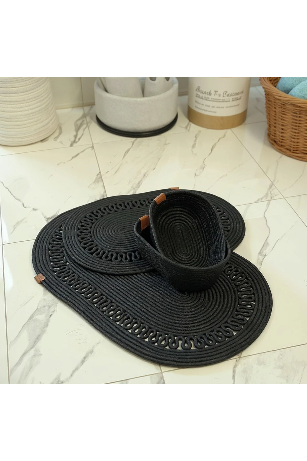 Siyah Hasır / Jüt 4 Parça Trikotlu Banyo Paspas Takımı | Oval Sepet, Paspas Ve Dekor Seti