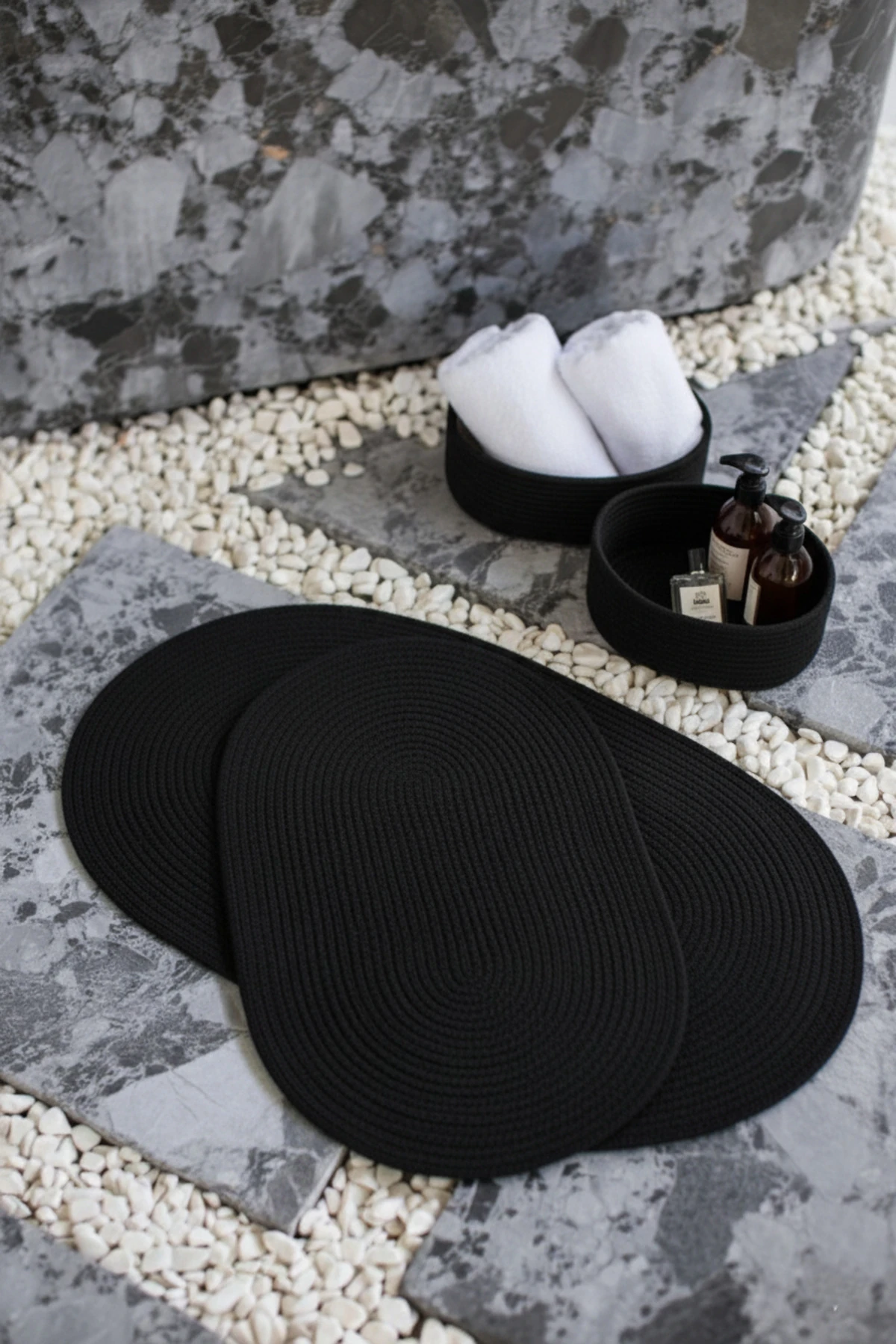 Siyah Hasır / Jüt 4 Parça Banyo Paspas Takımı | Oval Sepet, Paspas Ve Dekor Seti