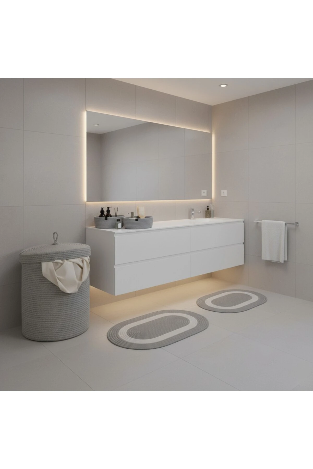 Hasır / Jüt 5 Parça Gri Beyaz Şeritli Banyo Paspas Takımı | Kirli Sepeti | Oval Sepetler