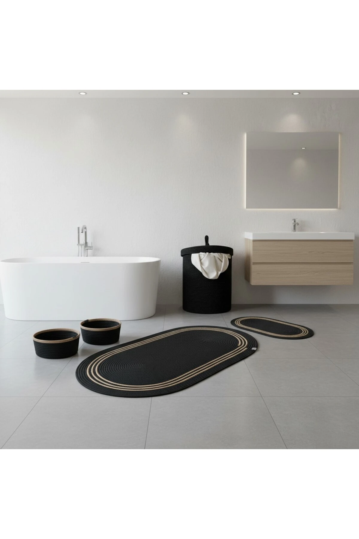 Hasır / Jüt 5 Parça Hasır Çizgili Banyo Paspas Takımı | Kirli Sepeti | Oval Sepetler