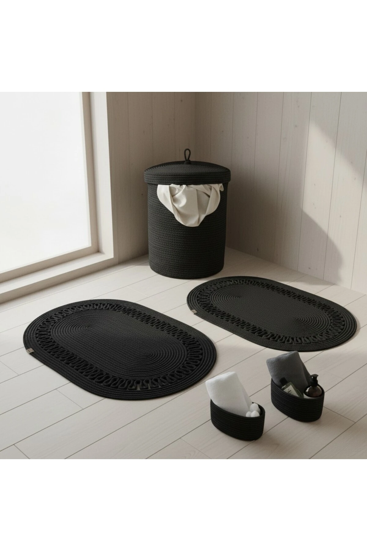 Hasır / Jüt 5 Parça Siyah Trikotlu Banyo Paspas Takımı | Kirli Sepeti | Oval Sepetler