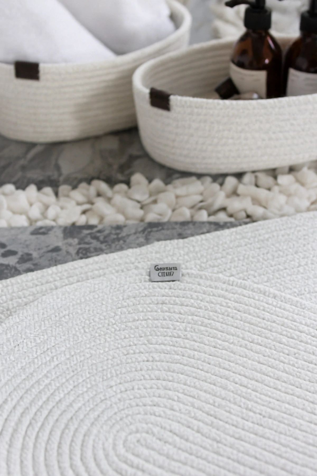 Beyaz Hasır / Jüt 4 Parça Banyo Paspas Takımı | Oval Sepet, Paspas Ve Dekor Seti