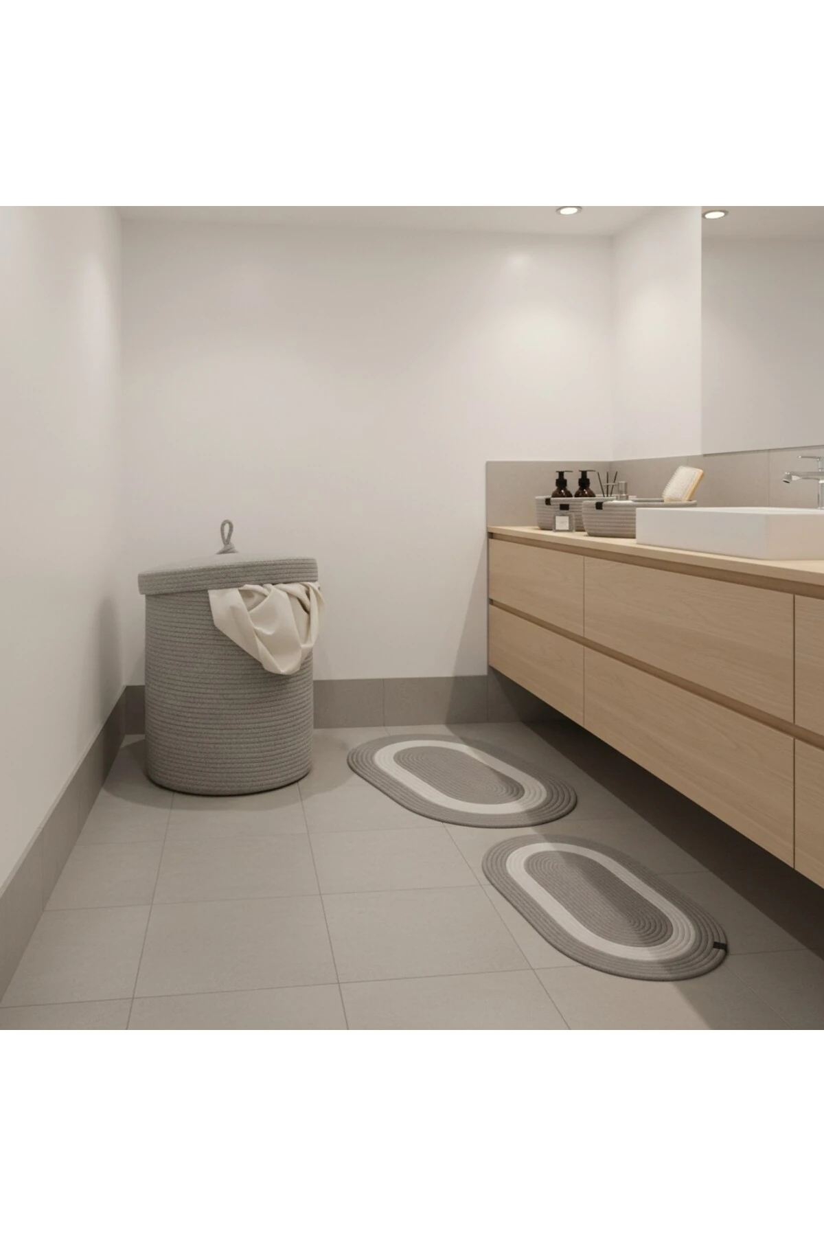 Hasır / Jüt 5 Parça Gri Beyaz Şeritli Banyo Paspas Takımı | Kirli Sepeti | Oval Sepetler