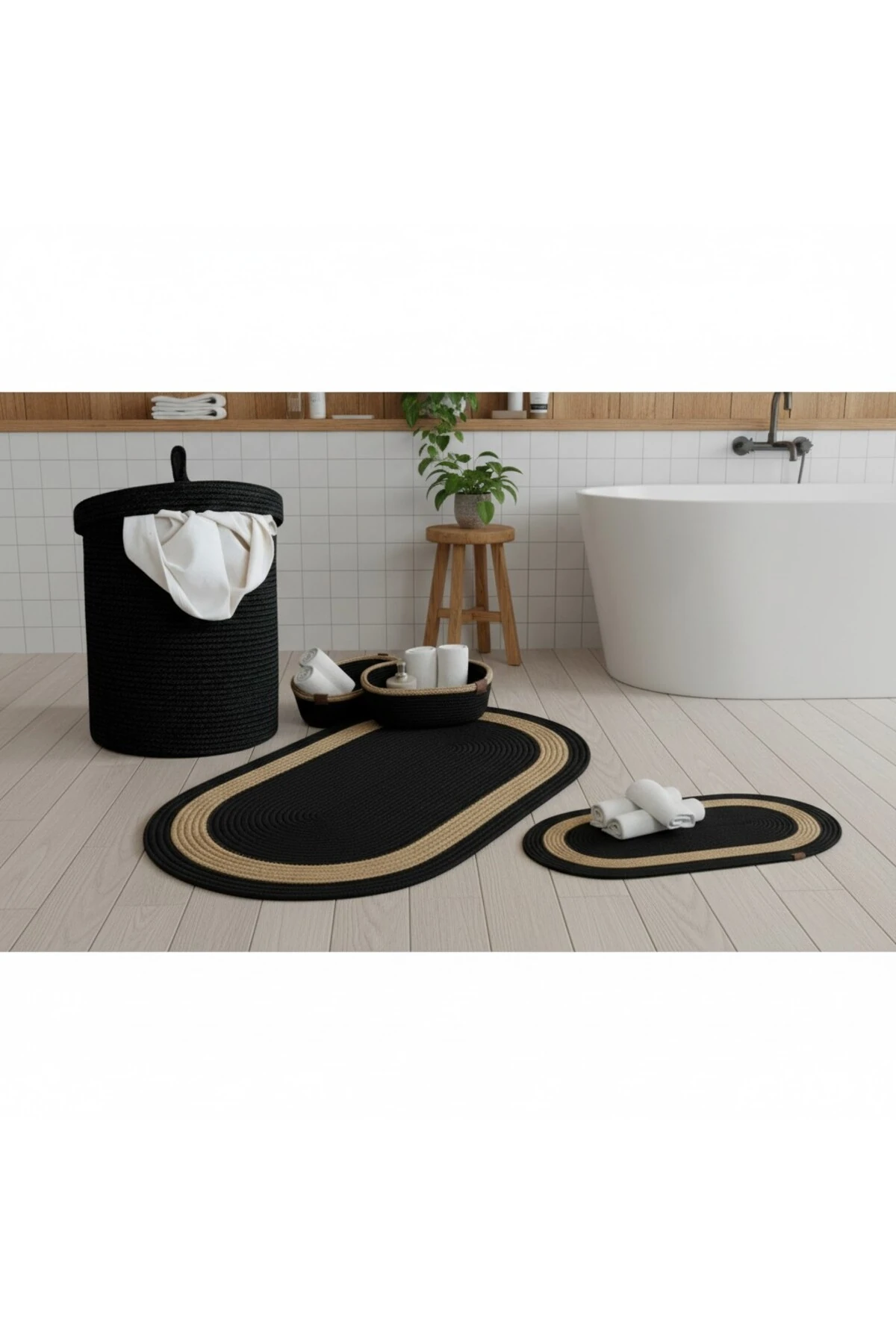 Hasır / Jüt 5 Parça Hasır Şeritli Banyo Paspas Takımı | Kirli Sepeti | Oval Sepetler