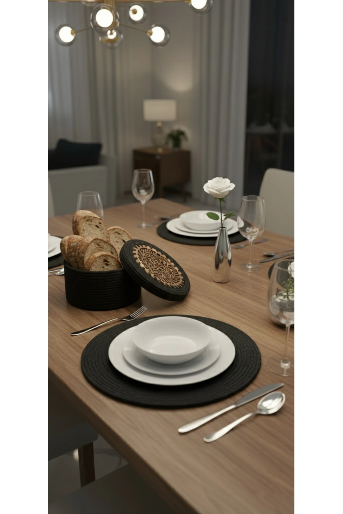 4 lü Ahşap Detaylı Jüt Supla Takımı ve Ekmek Sepeti / Şık Özel Tasarım / Comfort Table Mat