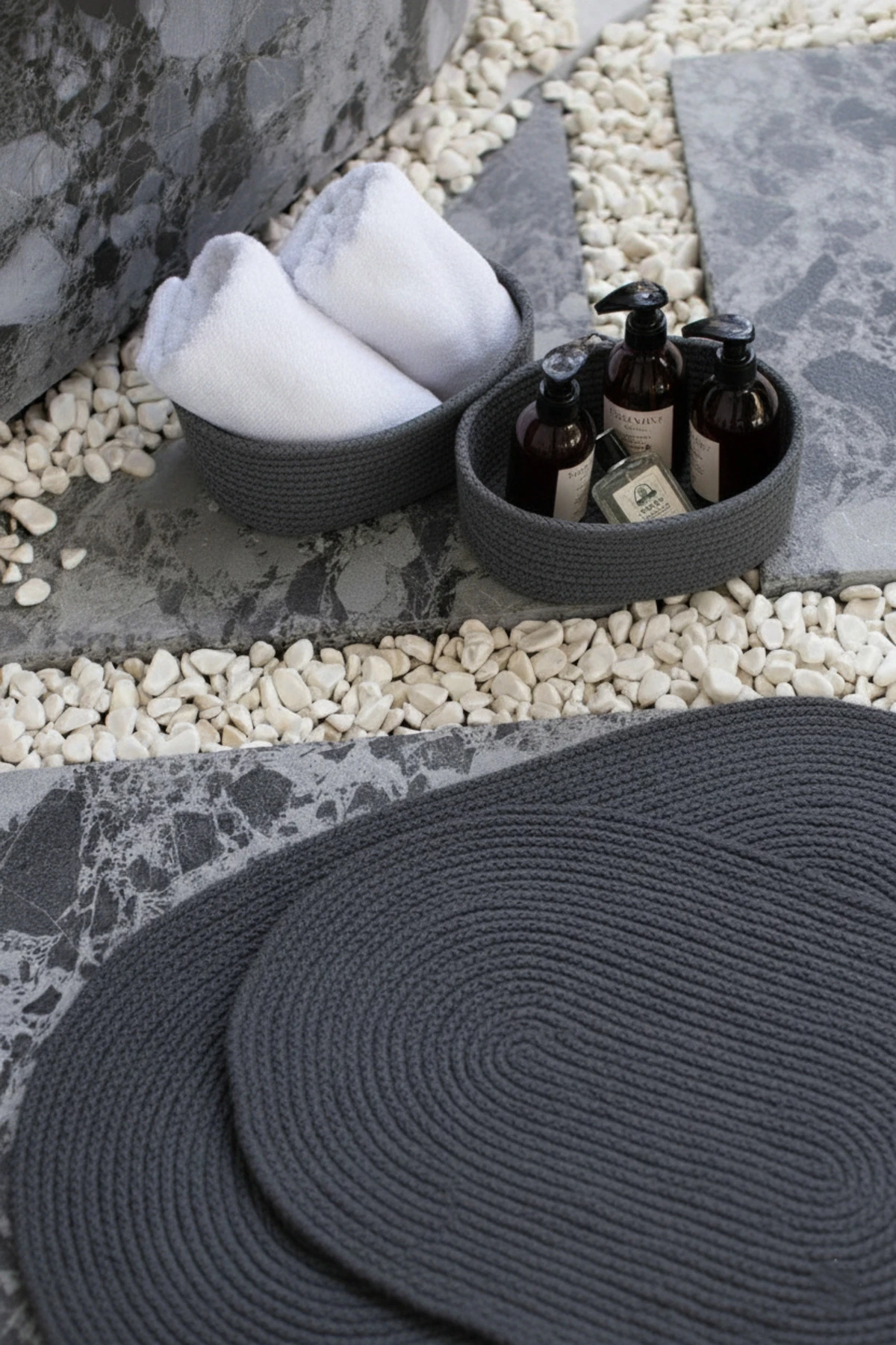 Antrasit Hasır / Jüt 4 Parça Banyo Paspas Takımı | Oval Sepet, Paspas Ve Dekor Seti