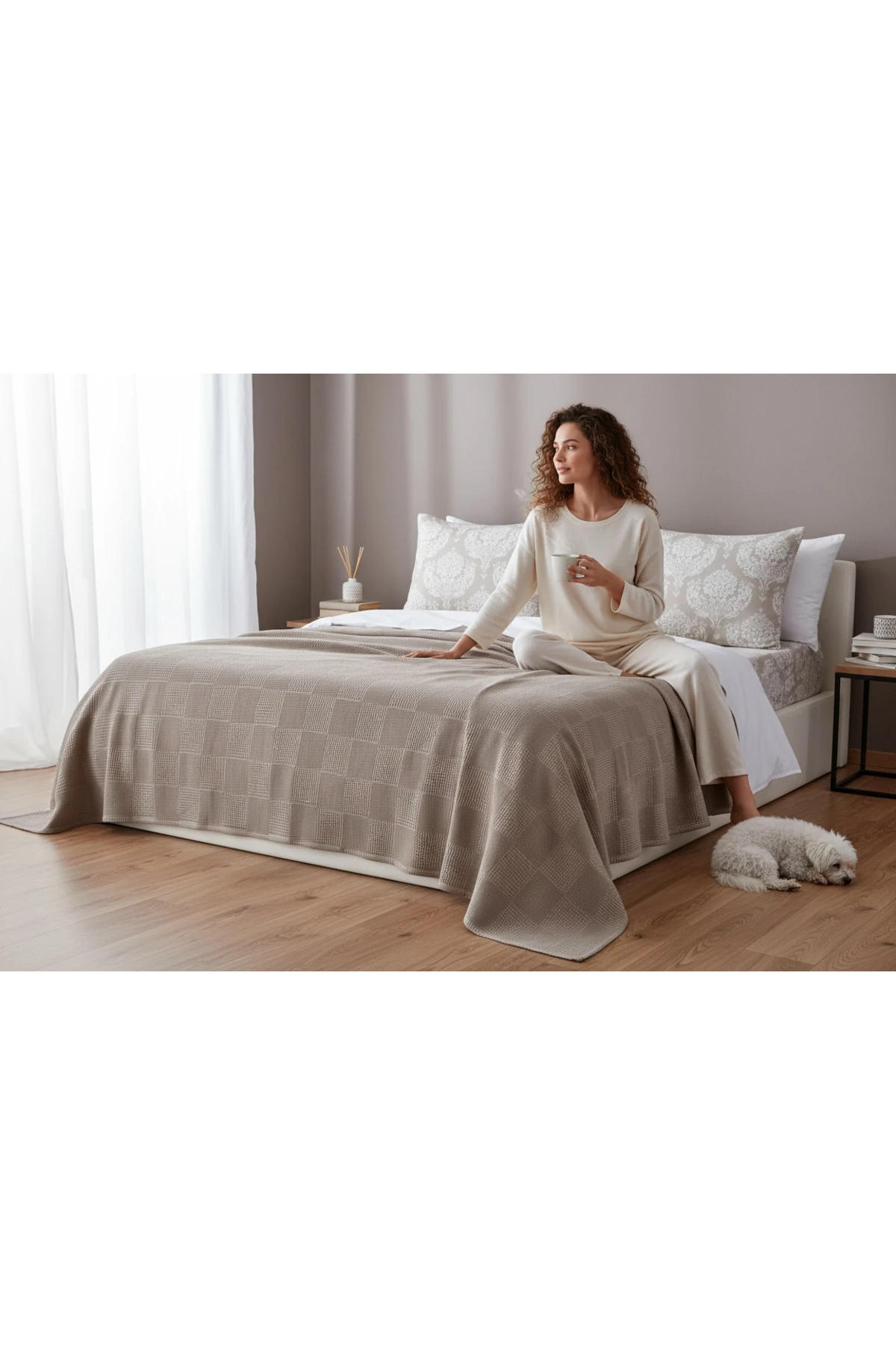 %100 Pamuk Weave Serisi Lastikli Çarşaflı Pike Takımı Çift Kişilik 4 Parça Post Desenli Camel