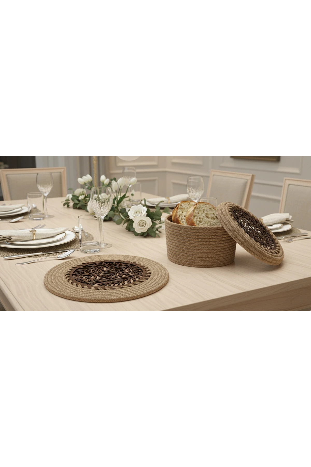 4 lü Ahşap Detaylı Jüt Supla Takımı ve Ekmek Sepeti Hasır / Şık Özel Tasarım / Comfort Table Mat