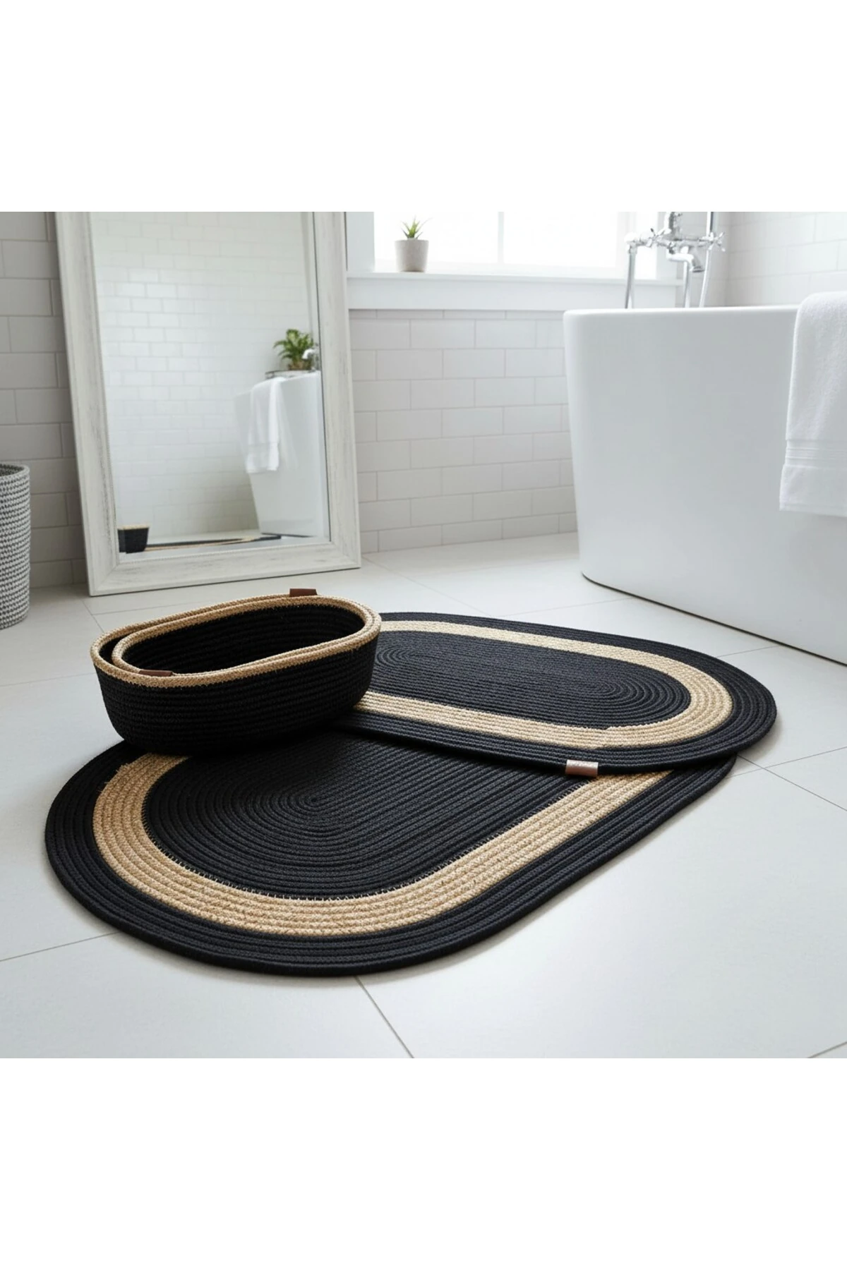 Siyah Hasır / Jüt 4 Parça Hasır Şeritli Banyo Paspas Takımı | Oval Sepet, Paspas Ve Dekor Seti