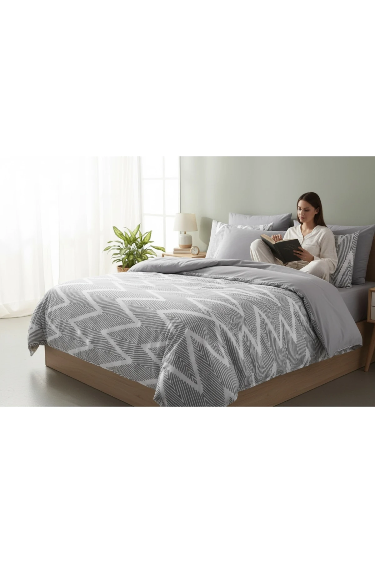 Kolay Ütülenir Baskılı Olivia Gri Nevresim Takımı Çift Kişilik