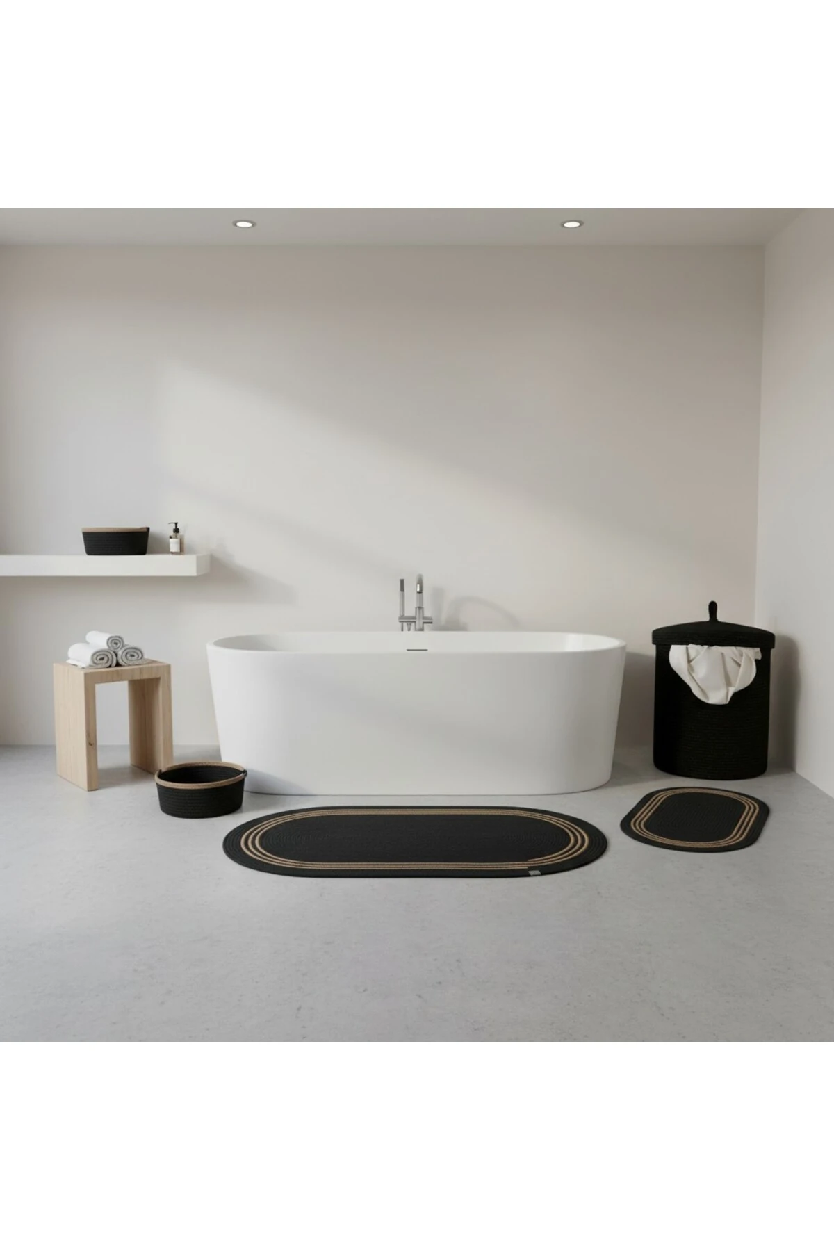 Hasır / Jüt 5 Parça Hasır Çizgili Banyo Paspas Takımı | Kirli Sepeti | Oval Sepetler