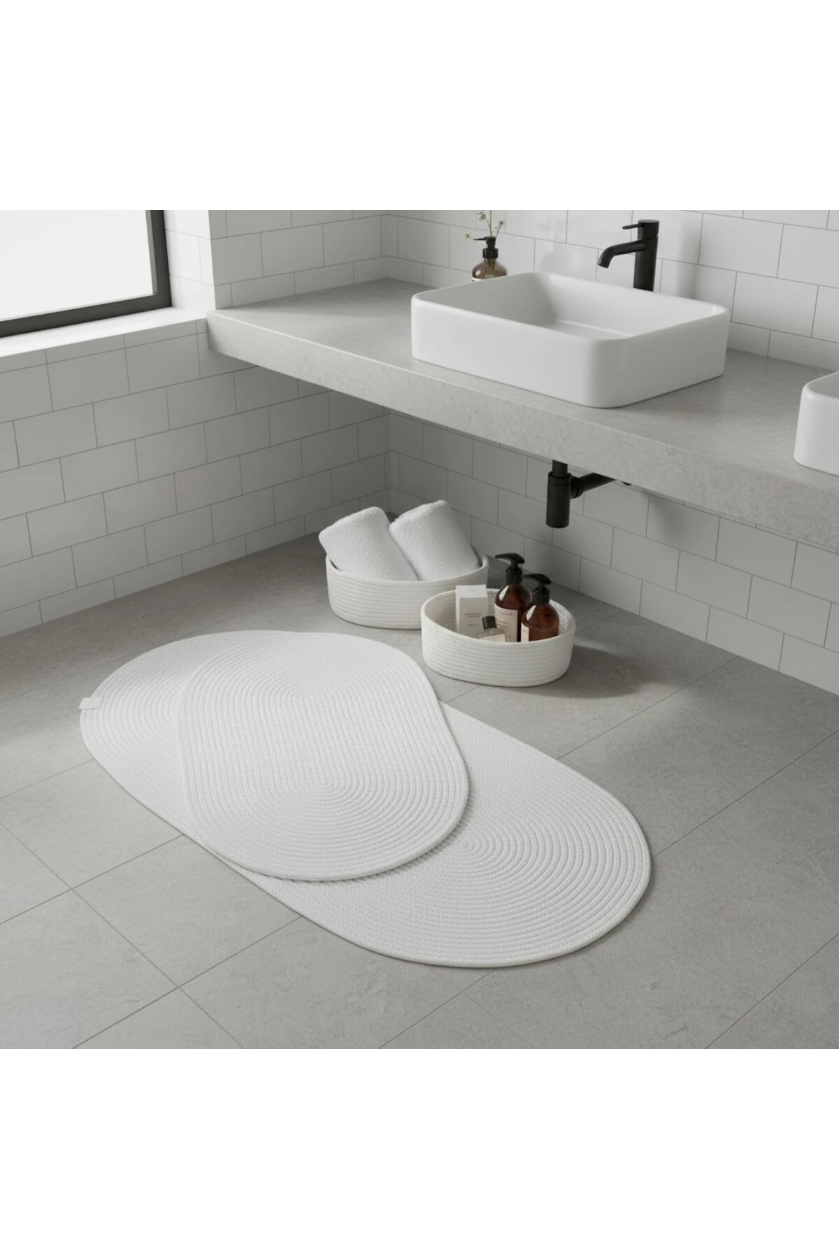 Beyaz Hasır / Jüt 4 Parça Banyo Paspas Takımı | Oval Sepet, Paspas Ve Dekor Seti