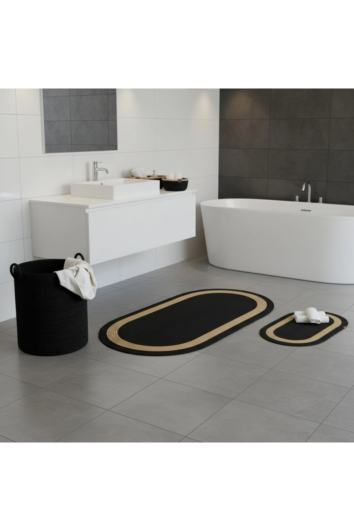 Hasır / Jüt 5 Parça Hasır Şeritli Banyo Paspas Takımı | Kirli Sepeti | Oval Sepetler