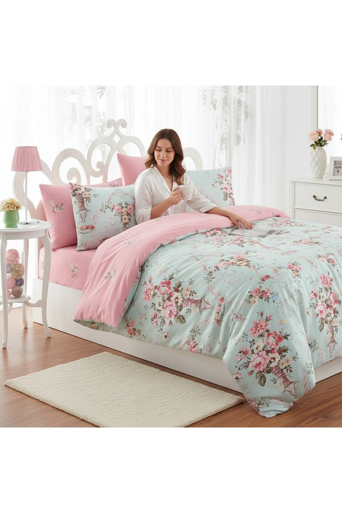 Kolay Ütülenir Çift Kişilik Nevresim Takımı Alanur Mint-Pembe