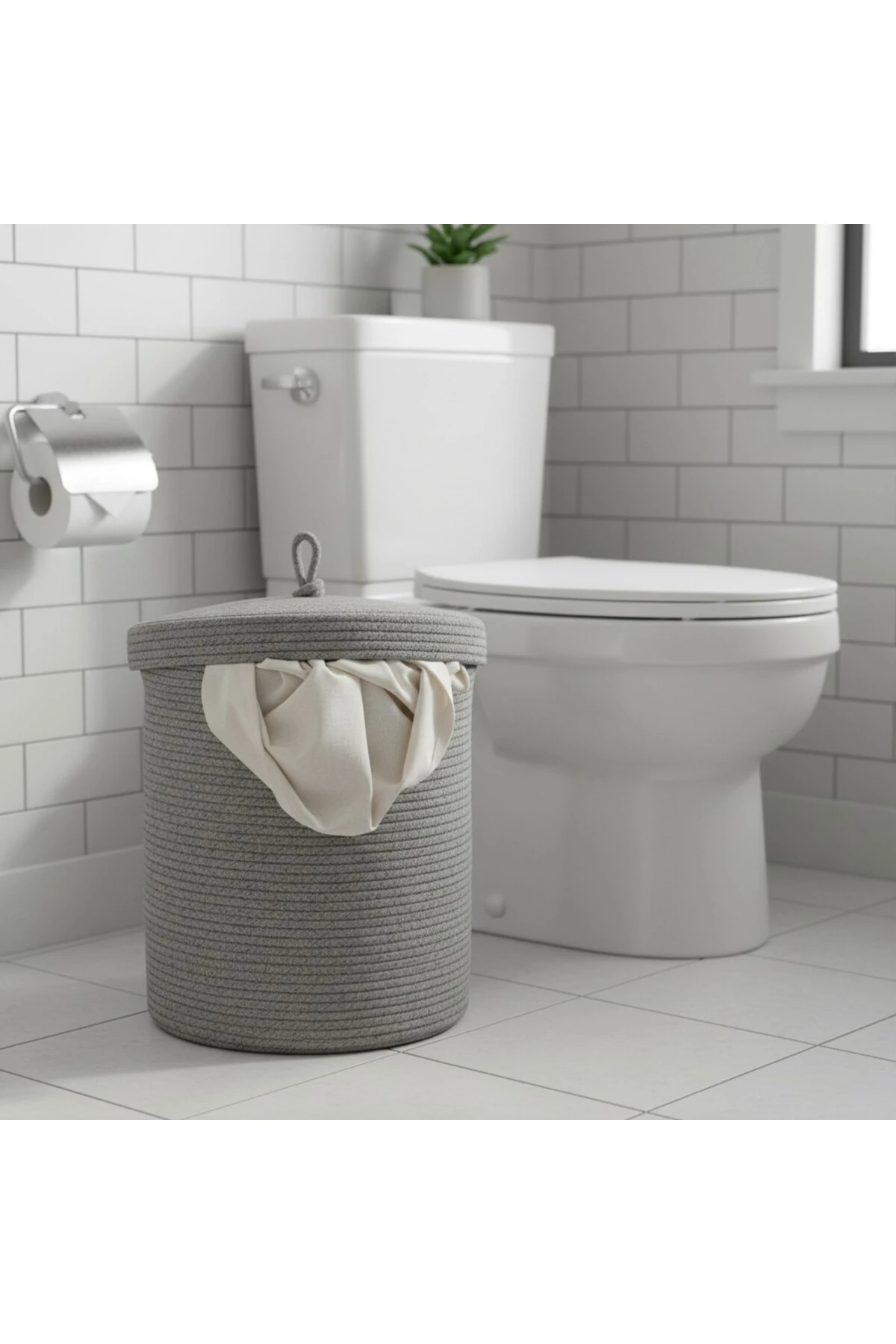 Jüt Kapaklı Hasır Kirli Çamaşır Sepeti Gri | Oyuncak, Banyo Organizeri | 35x40 Cm |