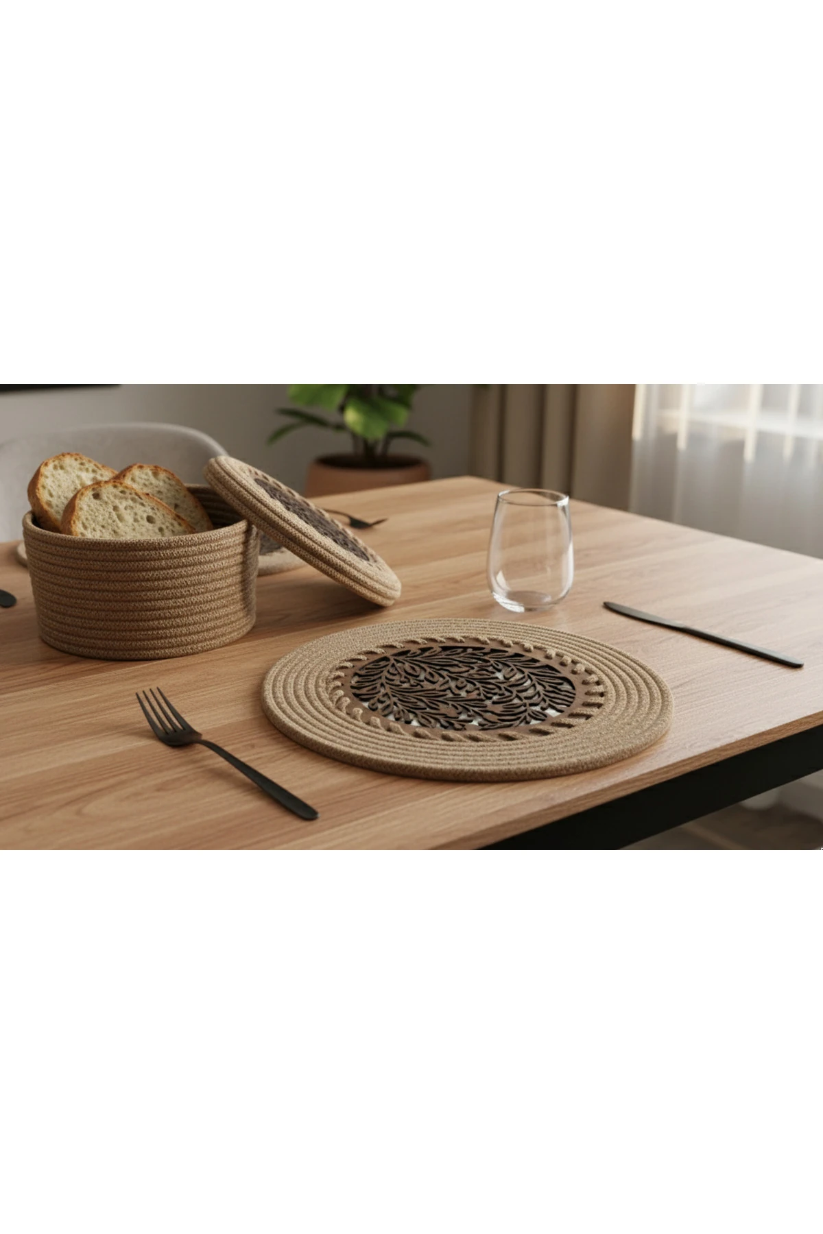 4 lü Ahşap Detaylı Jüt Supla Takımı ve Ekmek Sepeti Hasır / Şık Özel Tasarım / Comfort Table Mat