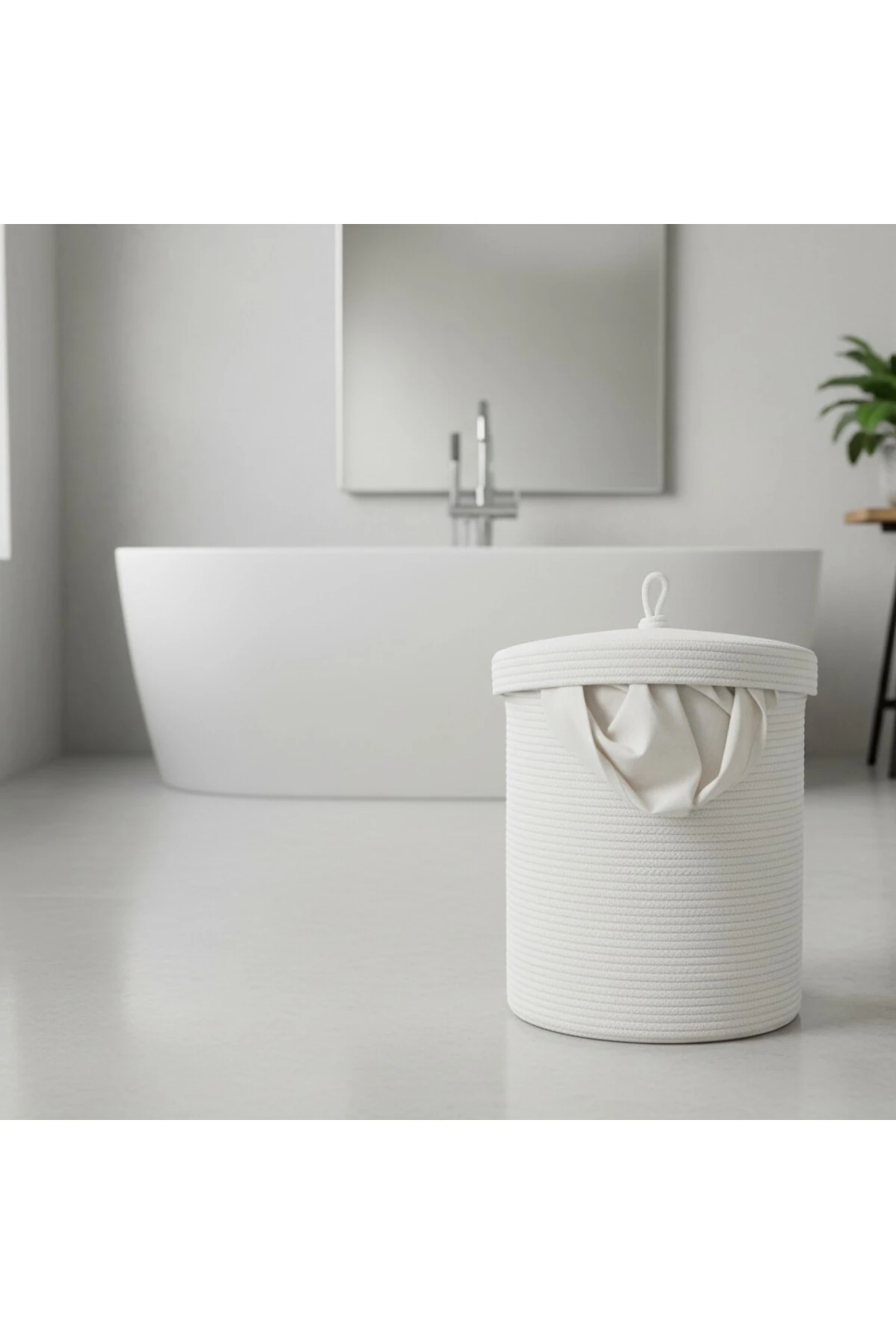 Jüt Kapaklı Hasır Kirli Çamaşır Sepeti Beyaz | Oyuncak, Banyo Organizeri | 35x40 Cm