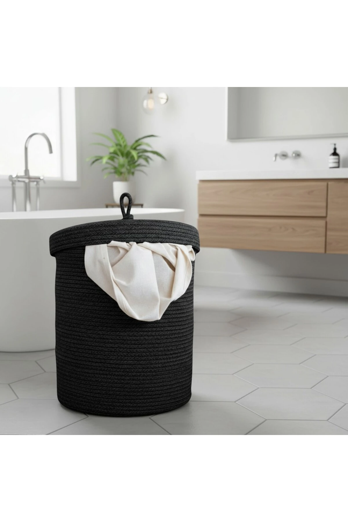 Jüt Kapaklı Hasır Kirli Çamaşır Sepeti Siyah | Oyuncak, Banyo Organizeri | 35x40 Cm