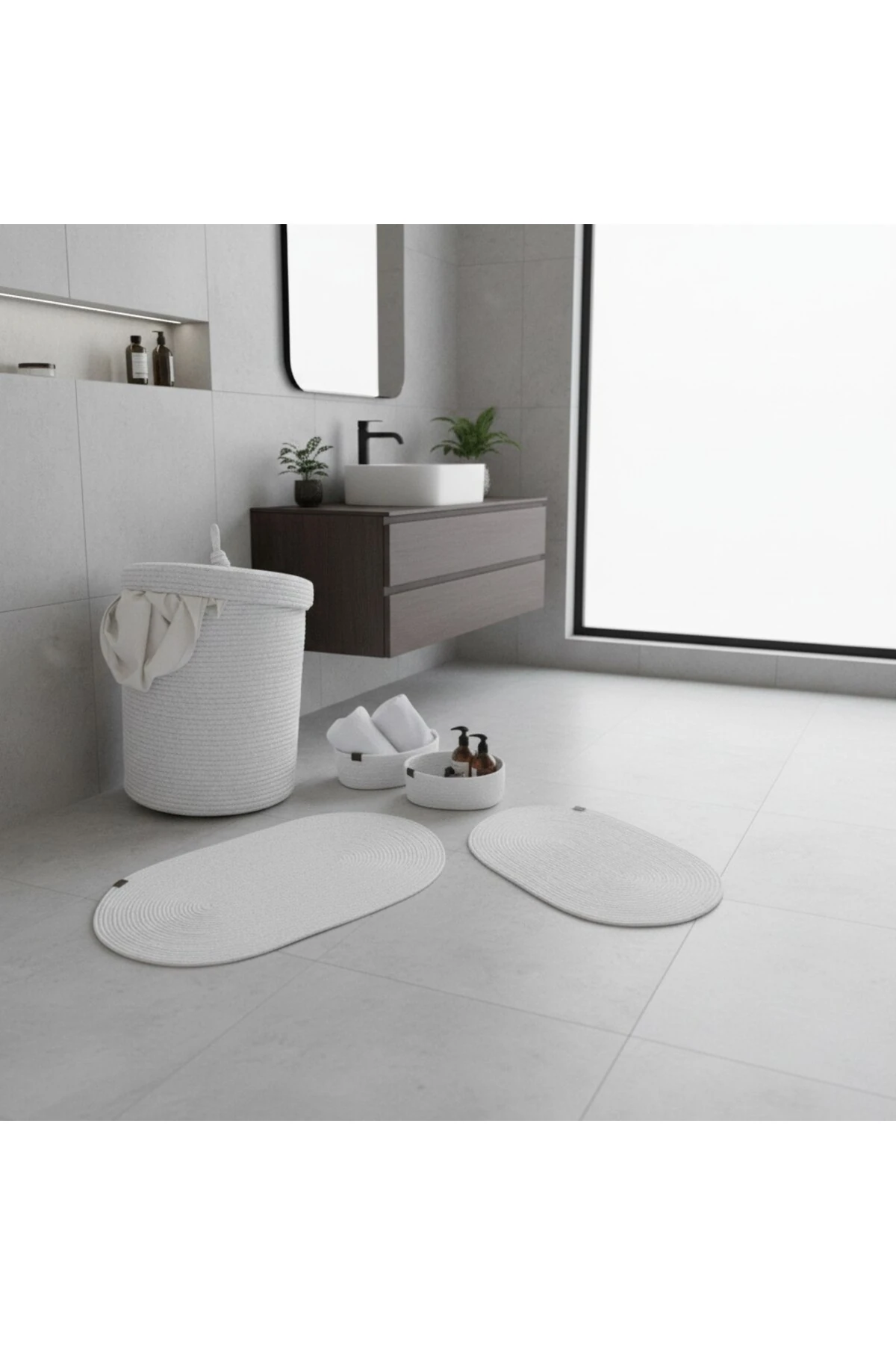 Hasır / Jüt 5 Parça Beyaz Banyo Paspas Takımı | Kirli Sepeti | Oval Sepetler