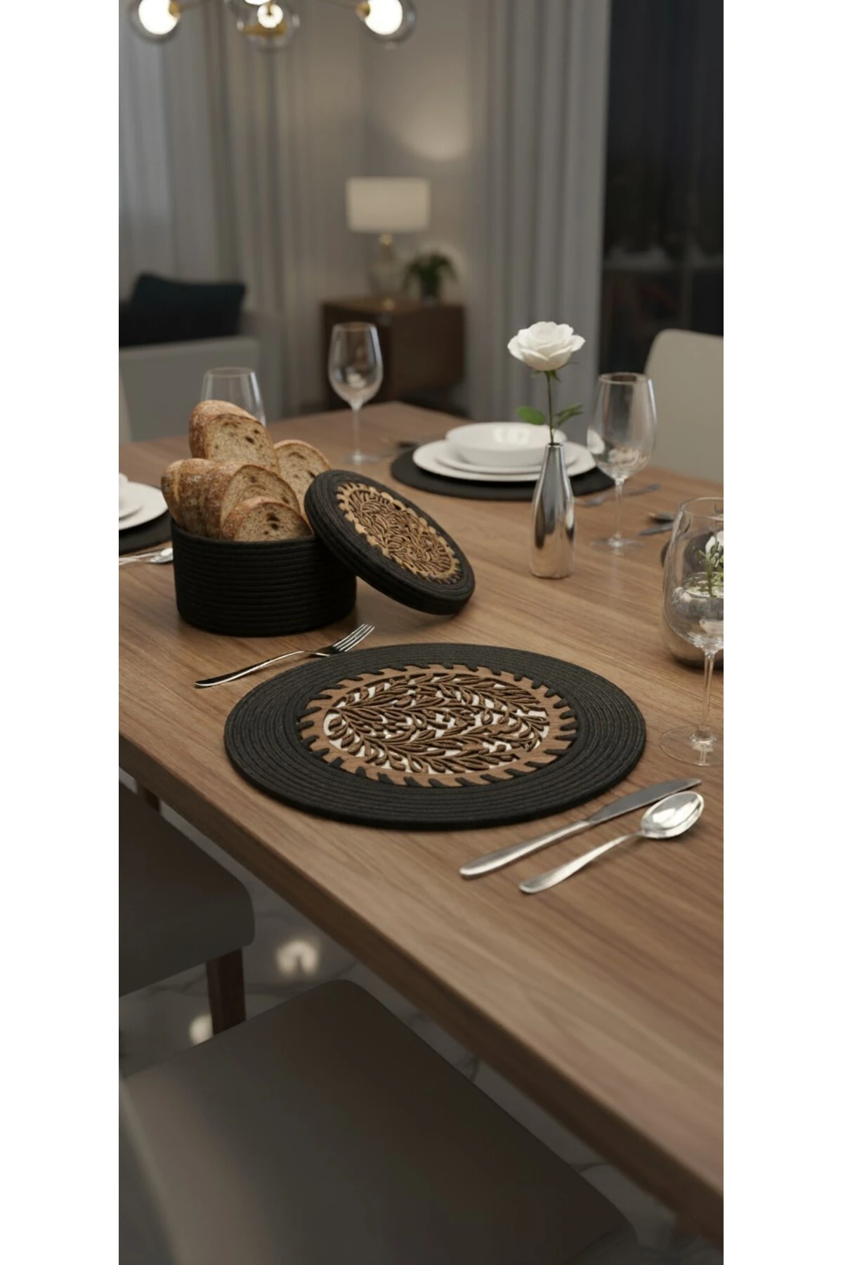 4 lü Ahşap Detaylı Jüt Supla Takımı ve Ekmek Sepeti / Şık Özel Tasarım / Comfort Table Mat