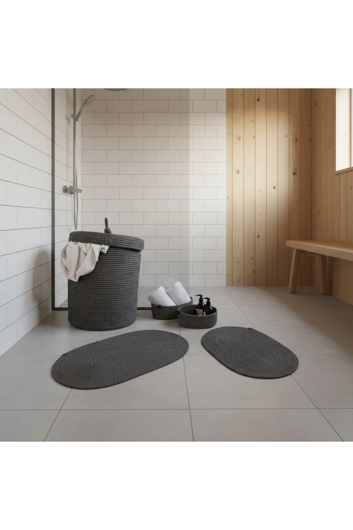Hasır / Jüt 5 Parça Antrasit Banyo Paspas Takımı | Kirli Sepeti | Oval Sepetler