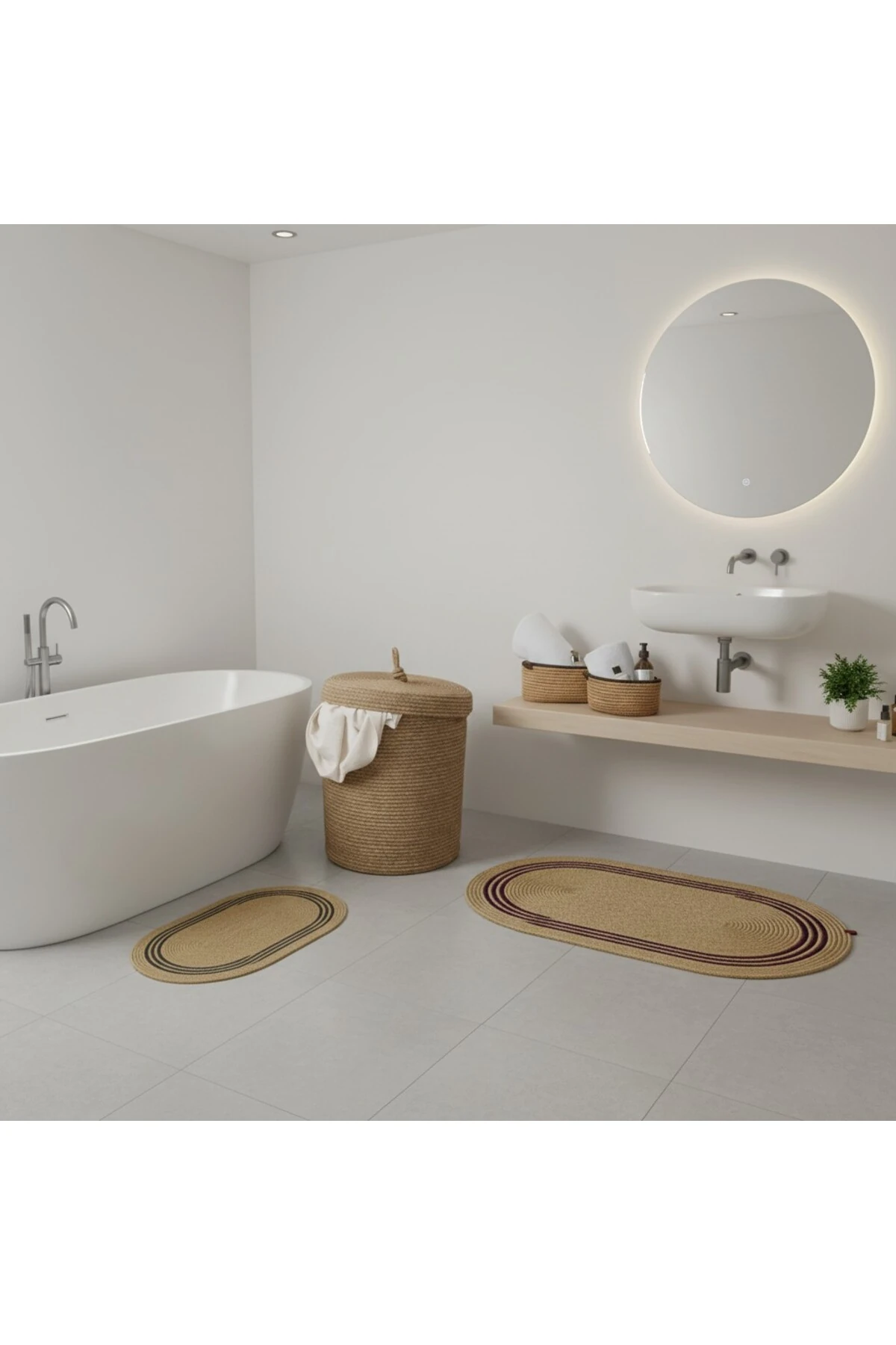 Hasır / Jüt 5 Parça Siyah Çizgili Banyo Paspas Takımı | Kirli Sepeti | Oval Sepetler