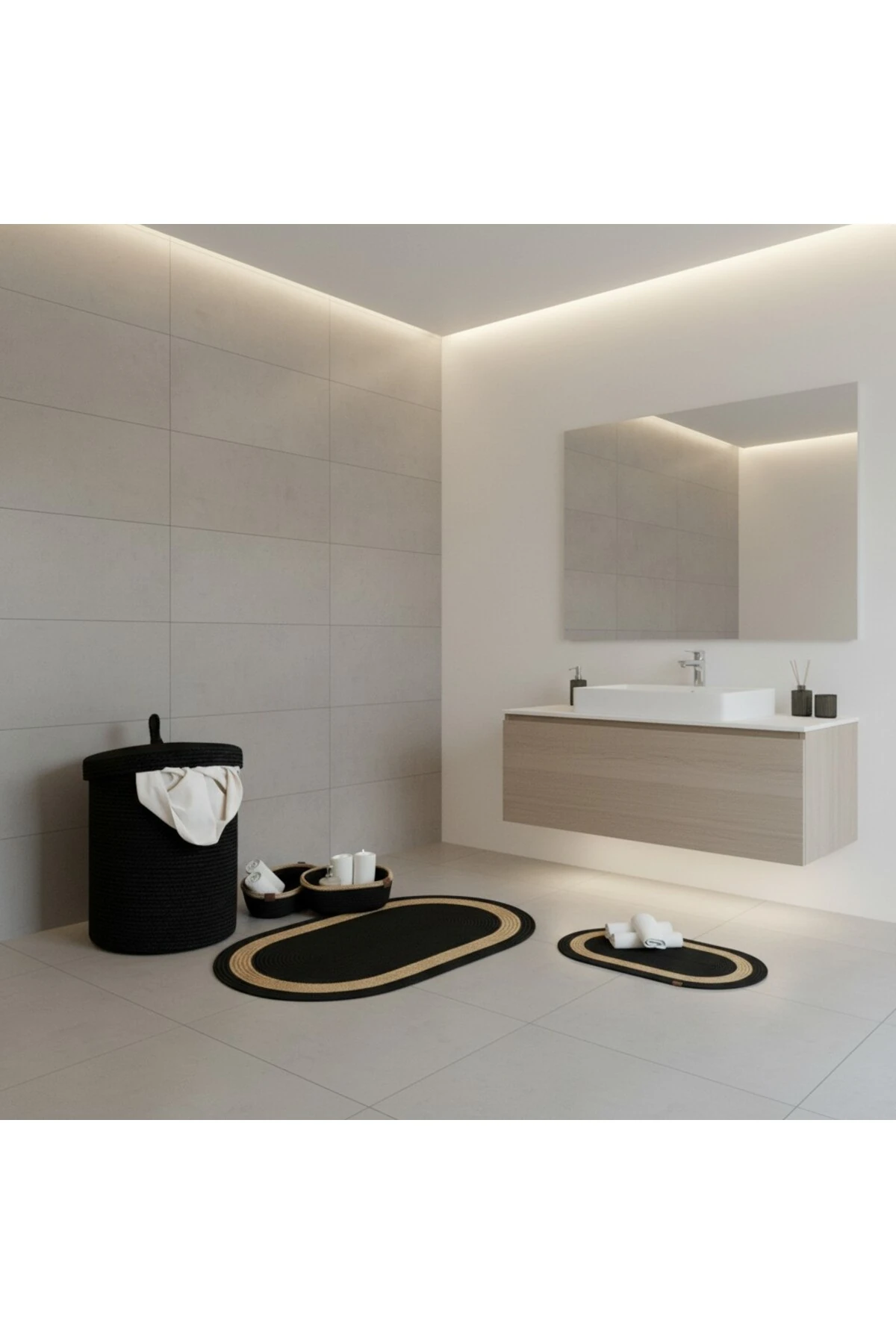 Hasır / Jüt 5 Parça Hasır Şeritli Banyo Paspas Takımı | Kirli Sepeti | Oval Sepetler