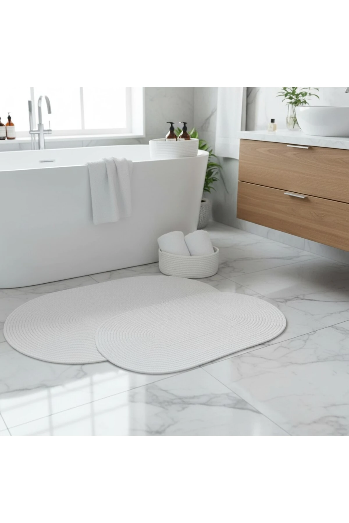 Beyaz Hasır / Jüt 4 Parça Banyo Paspas Takımı | Oval Sepet, Paspas Ve Dekor Seti