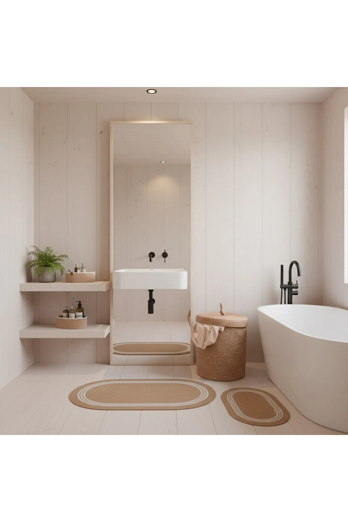 Hasır / Jüt 5 Parça Beyaz Çizgili Banyo Paspas Takımı | Kirli Sepeti | Oval Sepetler