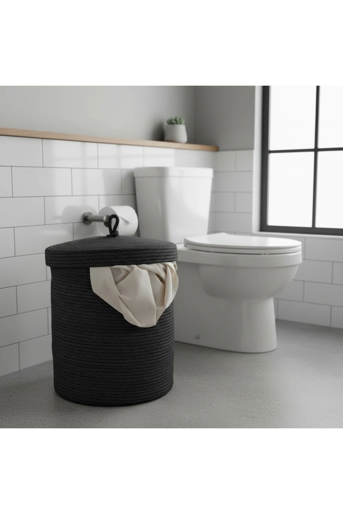 Jüt Kapaklı Hasır Kirli Çamaşır Sepeti Siyah | Oyuncak, Banyo Organizeri | 35x40 Cm