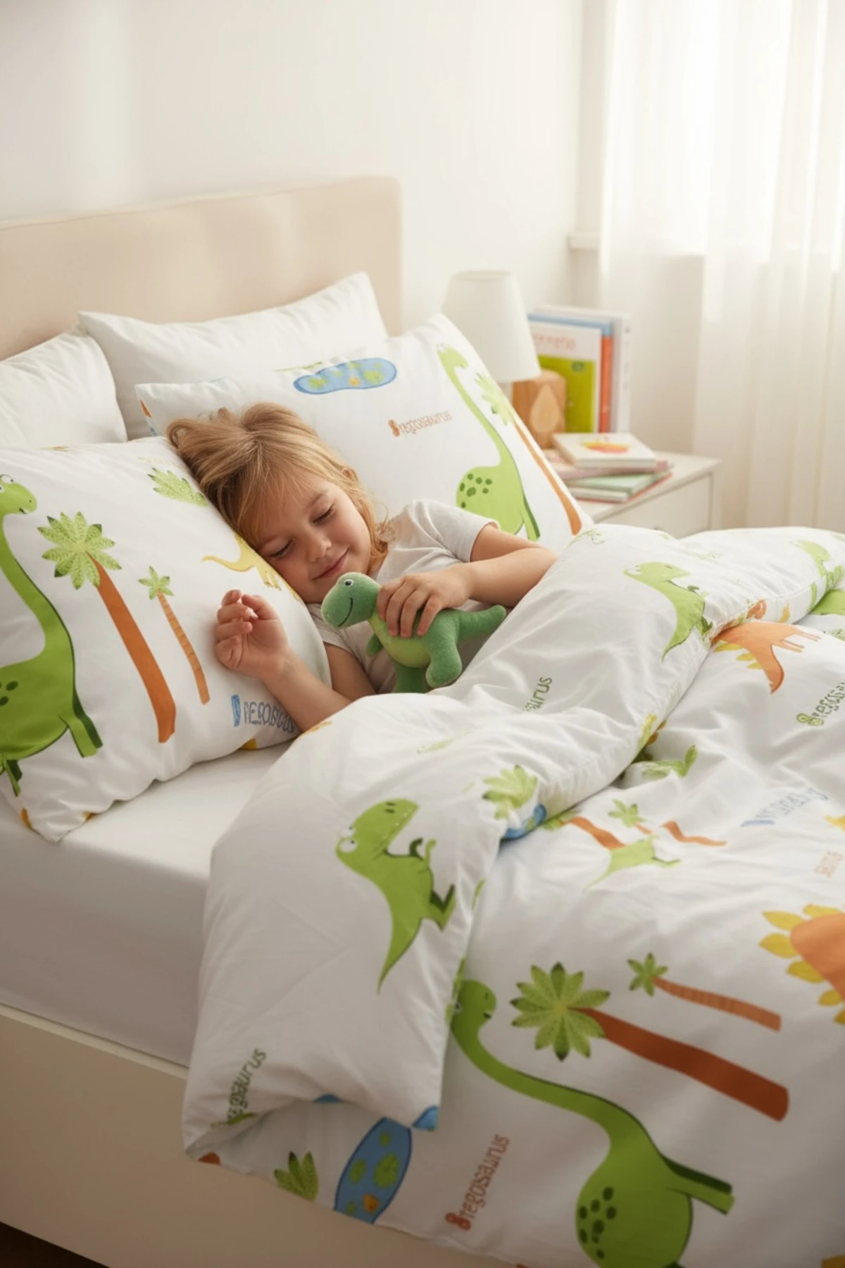 Junior Nevresim Seti Tek Kişilik Dinolar Beyaz