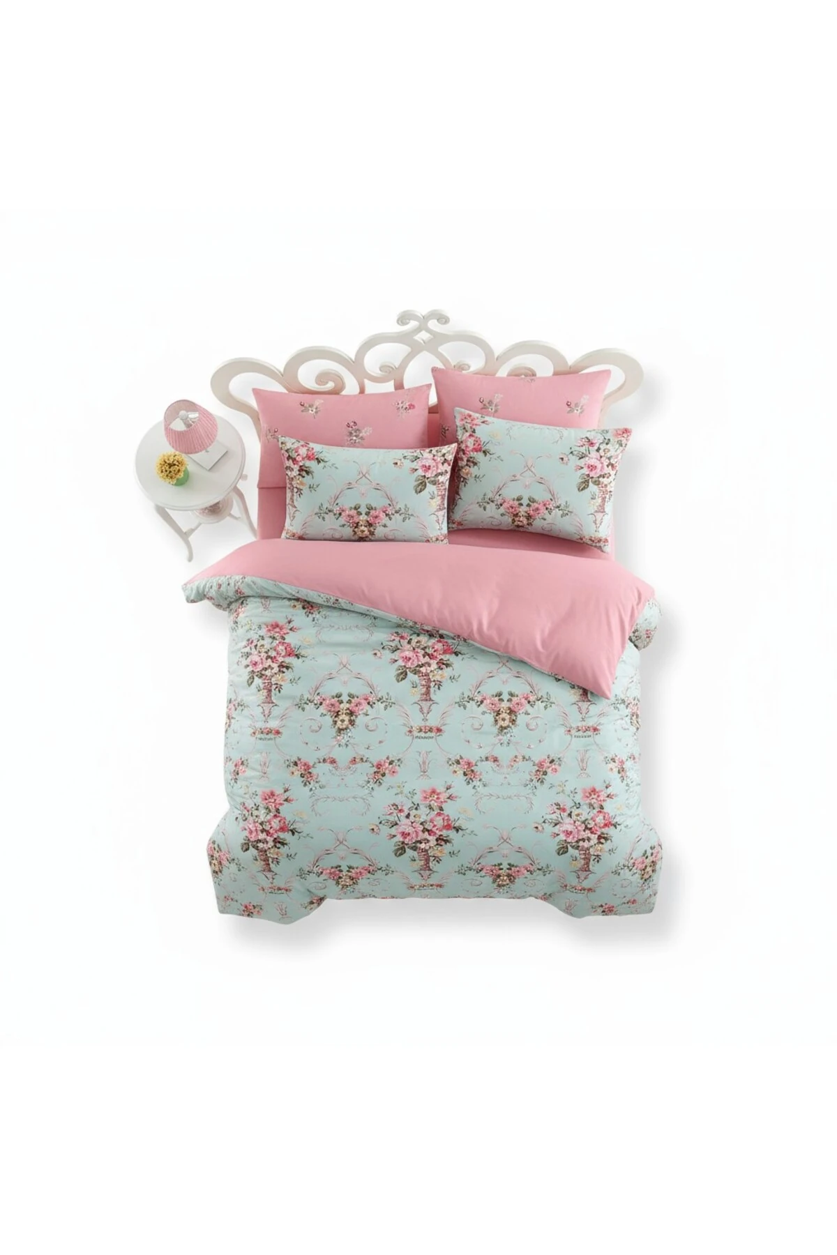 Kolay Ütülenir Çift Kişilik Nevresim Takımı Alanur Mint-Pembe