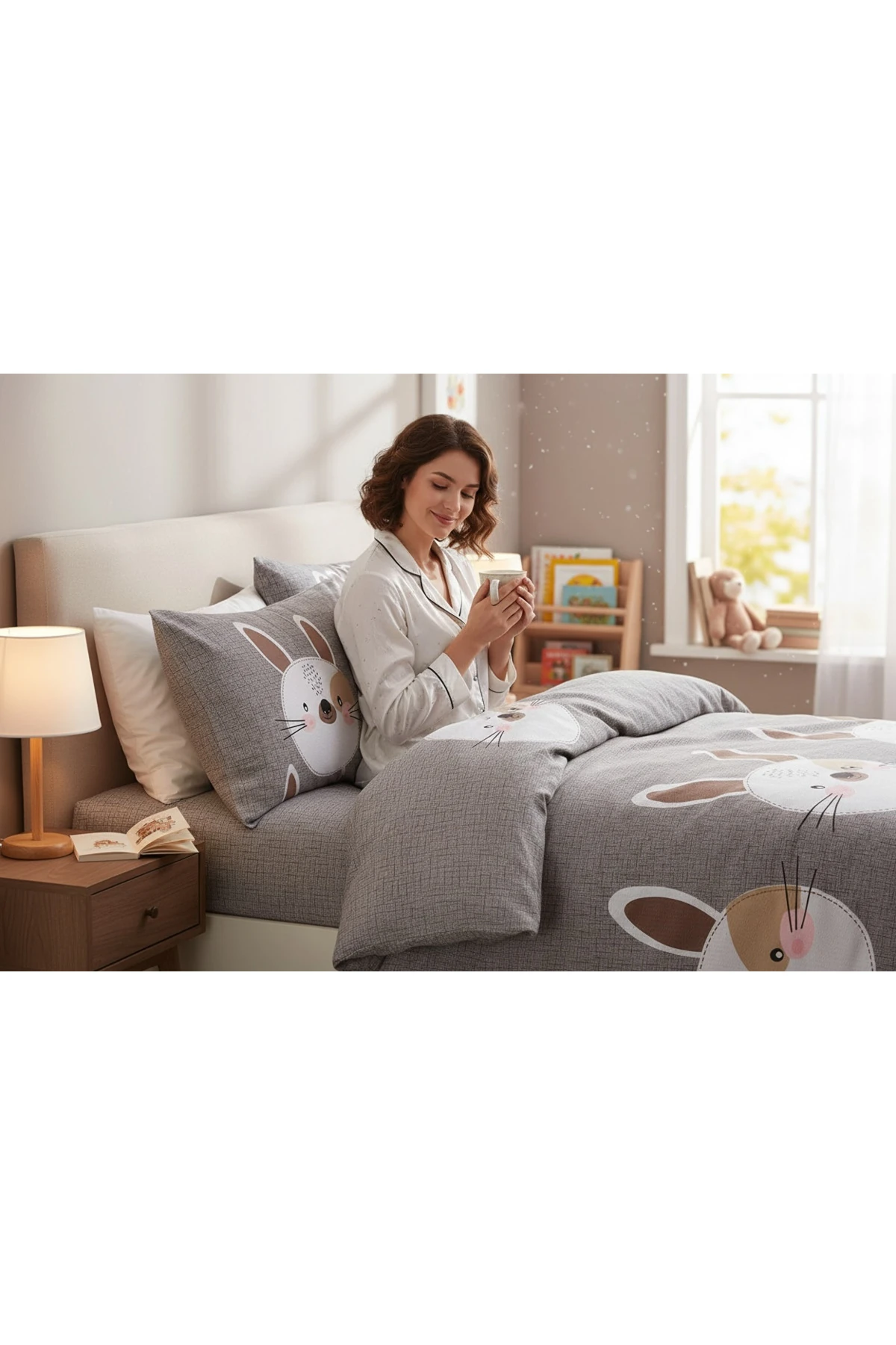 A.Kahve-Gri-Pembe Pike Seti Baskılı Çift Kişilik Tavşancık