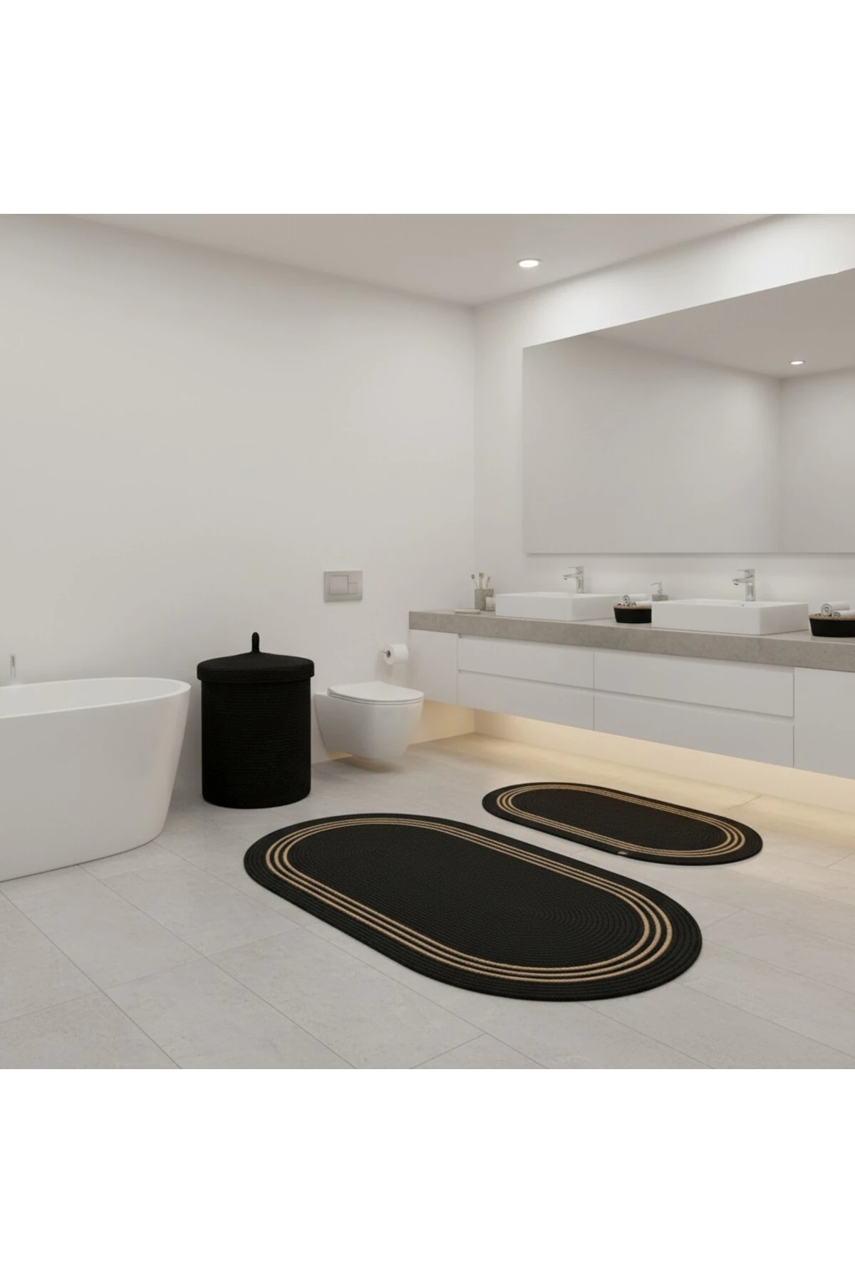 Hasır / Jüt 5 Parça Hasır Çizgili Banyo Paspas Takımı | Kirli Sepeti | Oval Sepetler