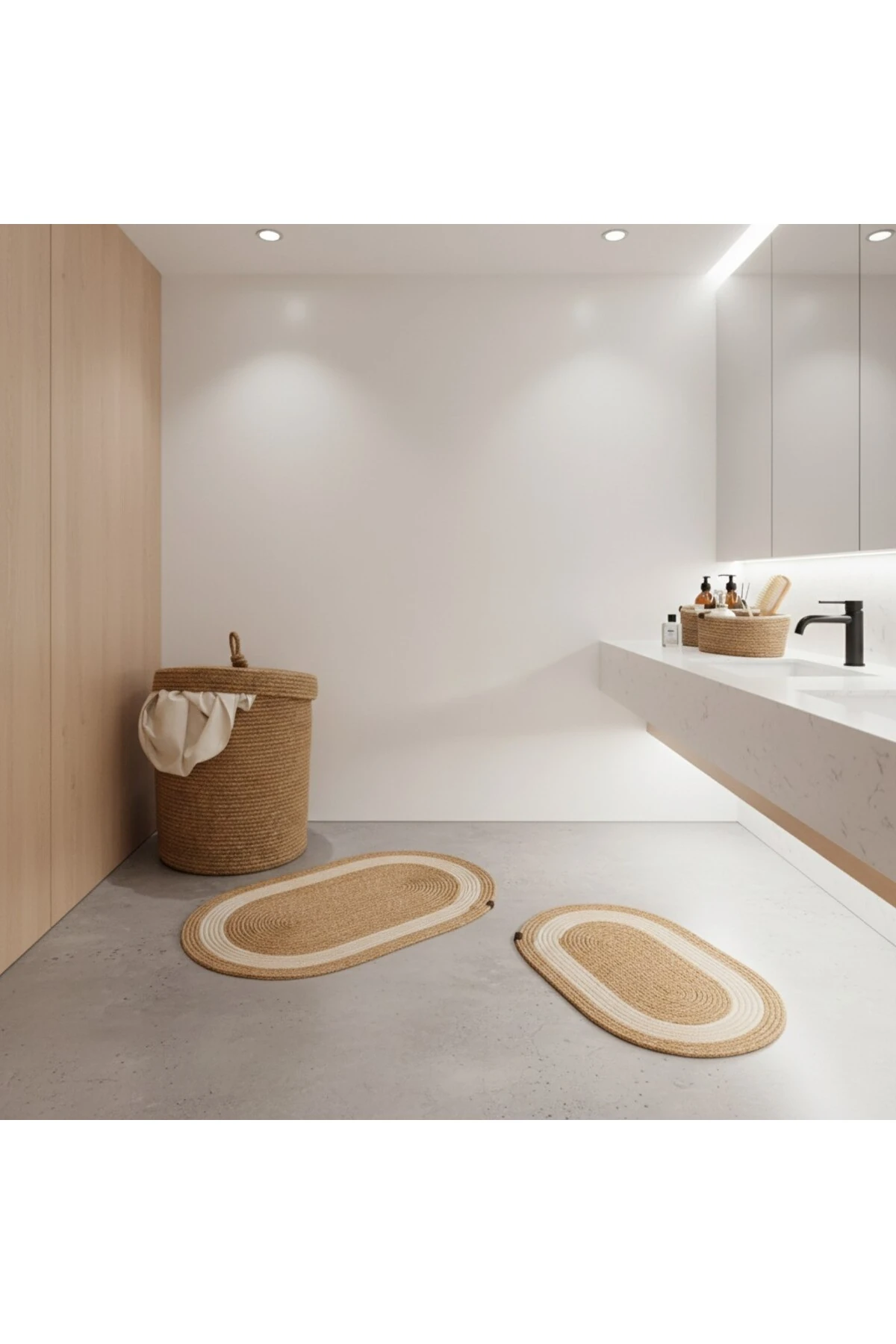 Hasır / Jüt 5 Parça Beyaz Şeritli Banyo Paspas Takımı | Kirli Sepeti | Oval Sepetler