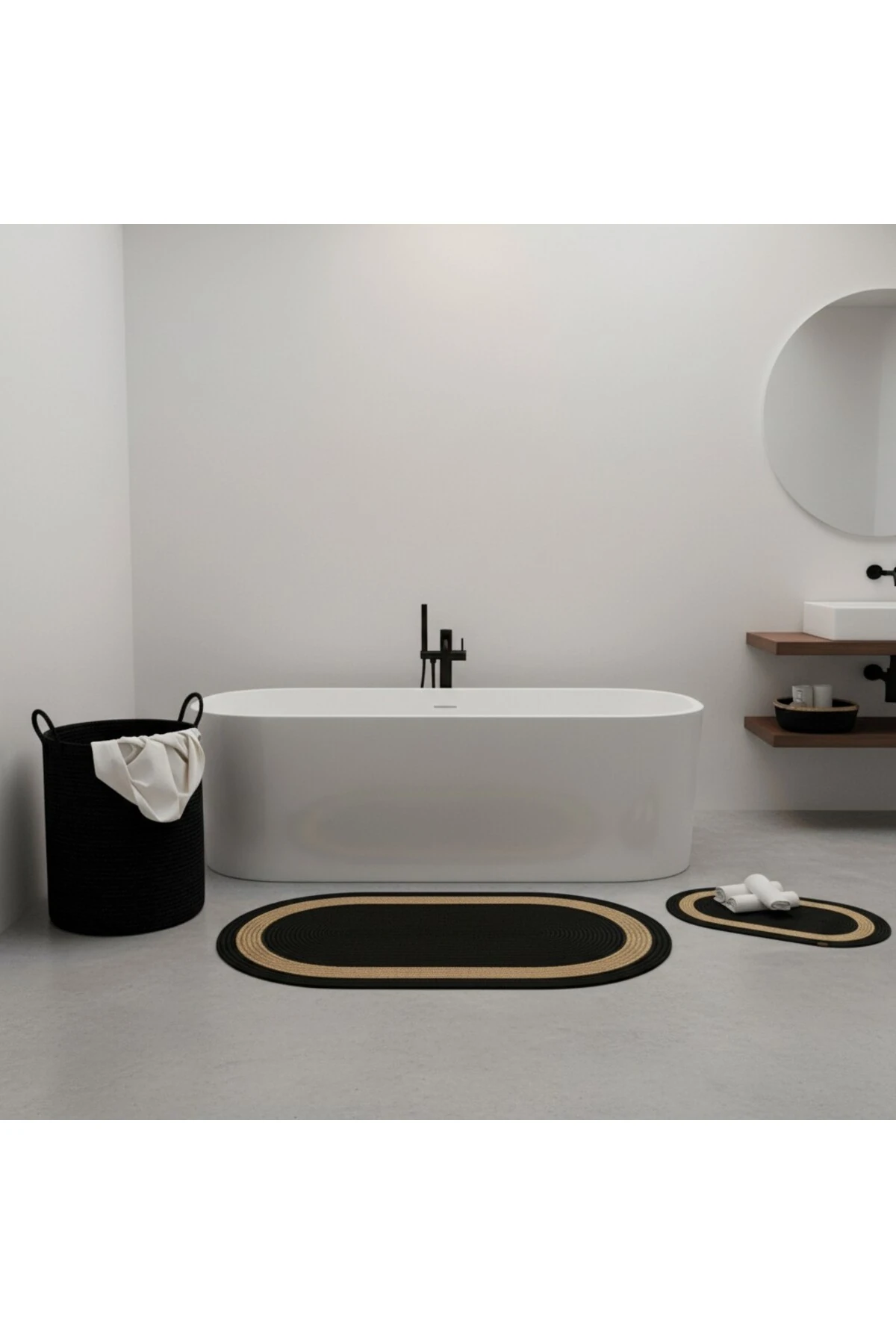 Hasır / Jüt 5 Parça Hasır Şeritli Banyo Paspas Takımı | Kirli Sepeti | Oval Sepetler