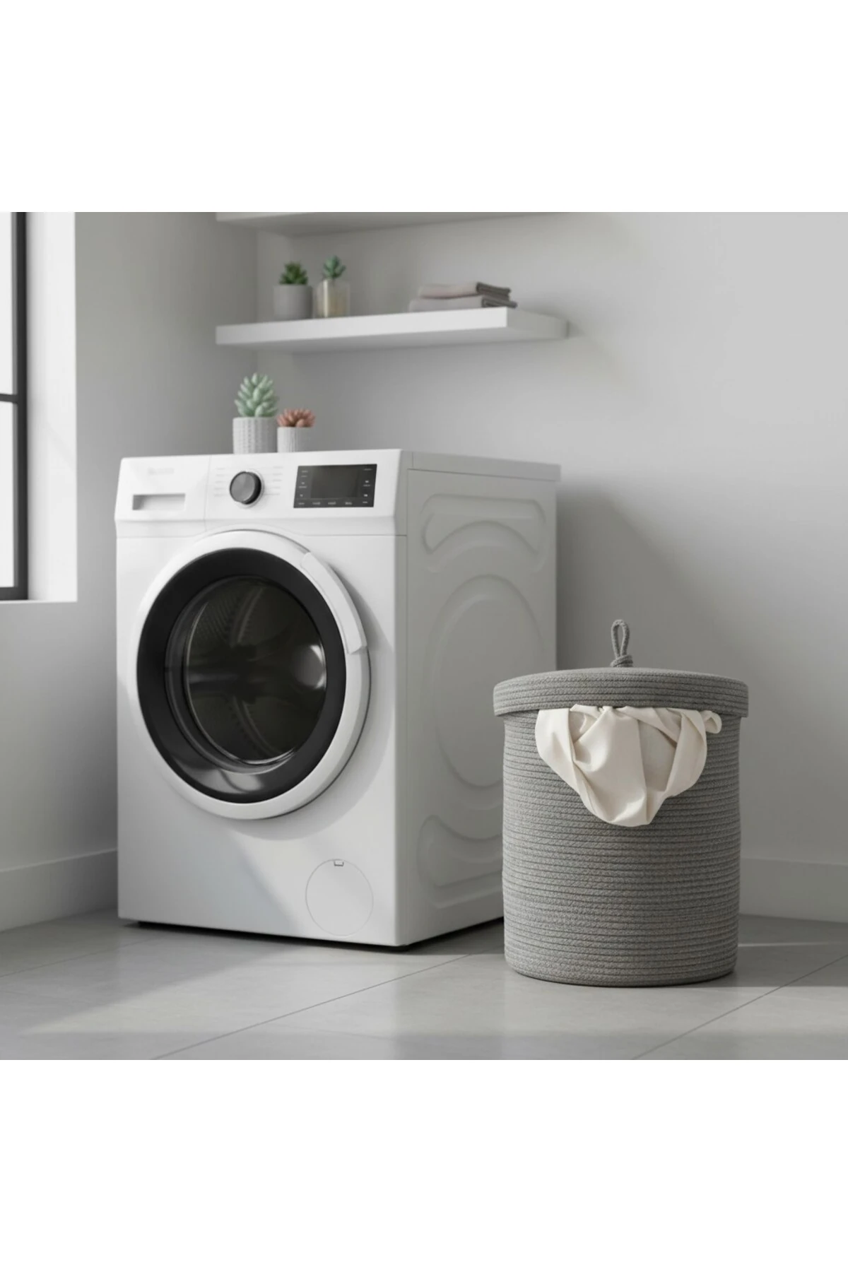 Jüt Kapaklı Hasır Kirli Çamaşır Sepeti Gri | Oyuncak, Banyo Organizeri | 35x40 Cm |